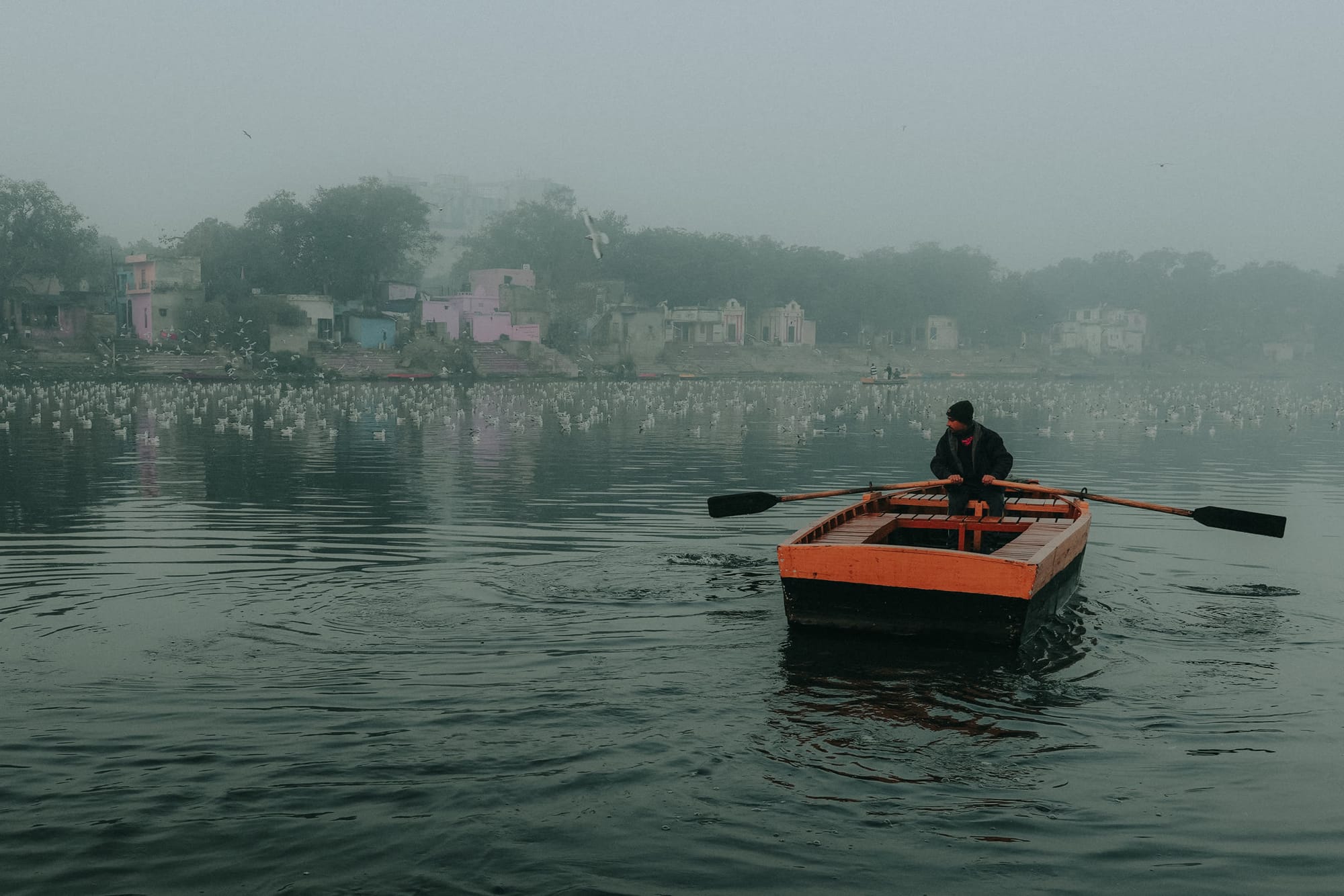 A lone figure rowing a small boat across a misty, bird-filled lake at dawn