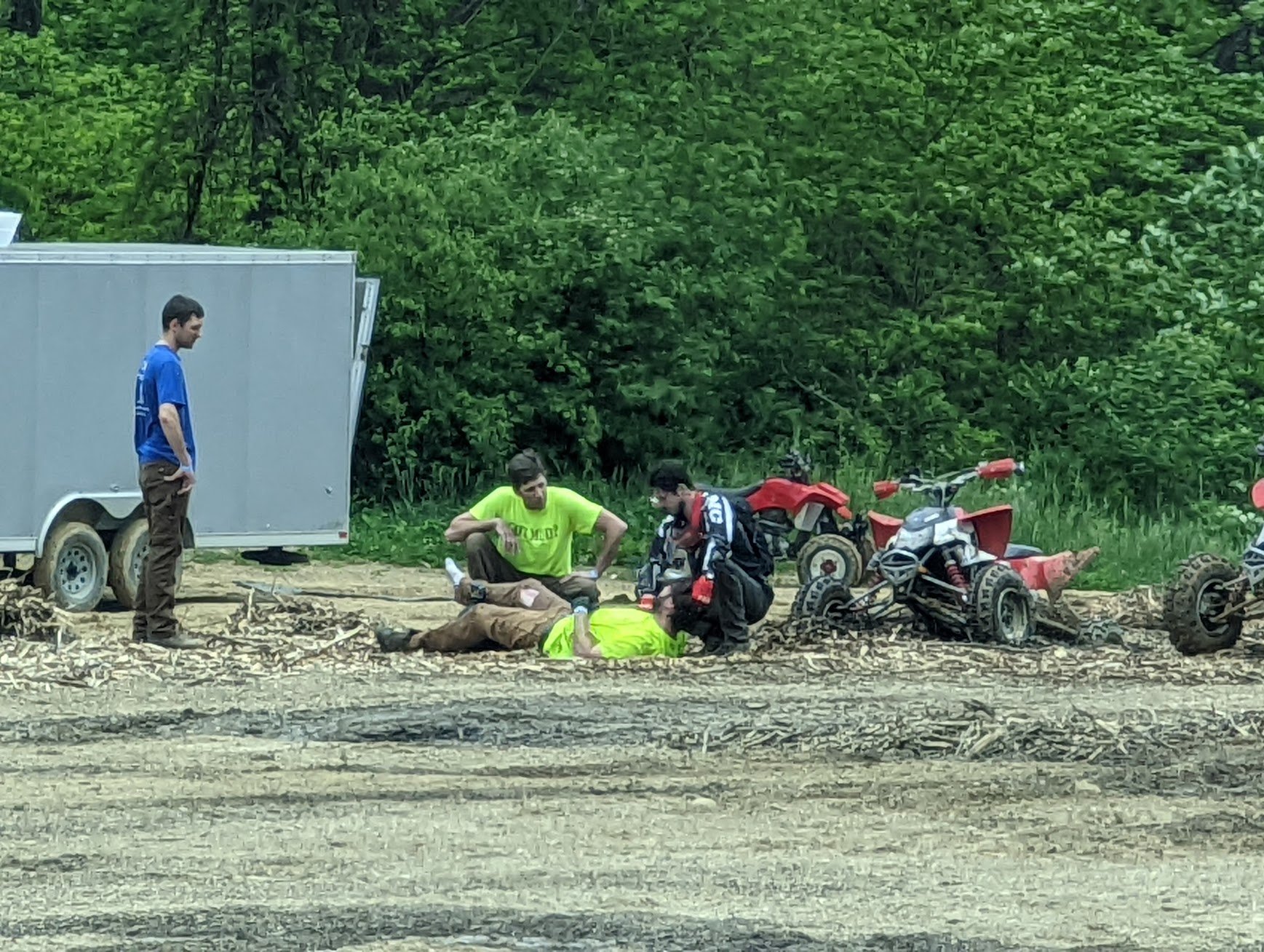  I want to remind everyone who likes to “Play in the puddles” that while it’s great fun, Slow down, You never know the depth of the bottom as this gentleman found out at Haspin Acres In Southern Indiana.  He was puddle jumping and either bottomed out or got caught on something in the puddle, either way, the puddle was deep.  He was thrown from the atv, cut his leg and got the wind knocked out of him.  I’m all for fun, just think about what you are doing.  Someone had just been airlifted hours earlier with more serious injuries from an accident. 