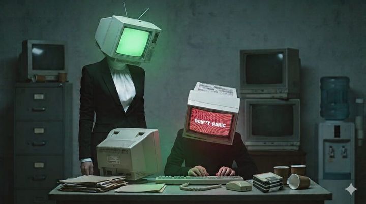 A senior businesswoman with a CRT computer monitor for a head stands over a person in a hoodie at a desk with a CRT monitor for a head with "don't panic" on the screen