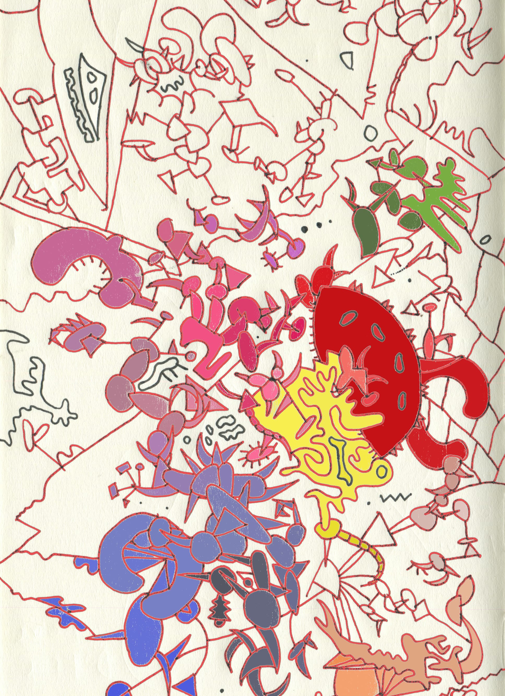 endpaper page - a partially digitally-coloured detailed doodle of loads of weird intersecting shapes