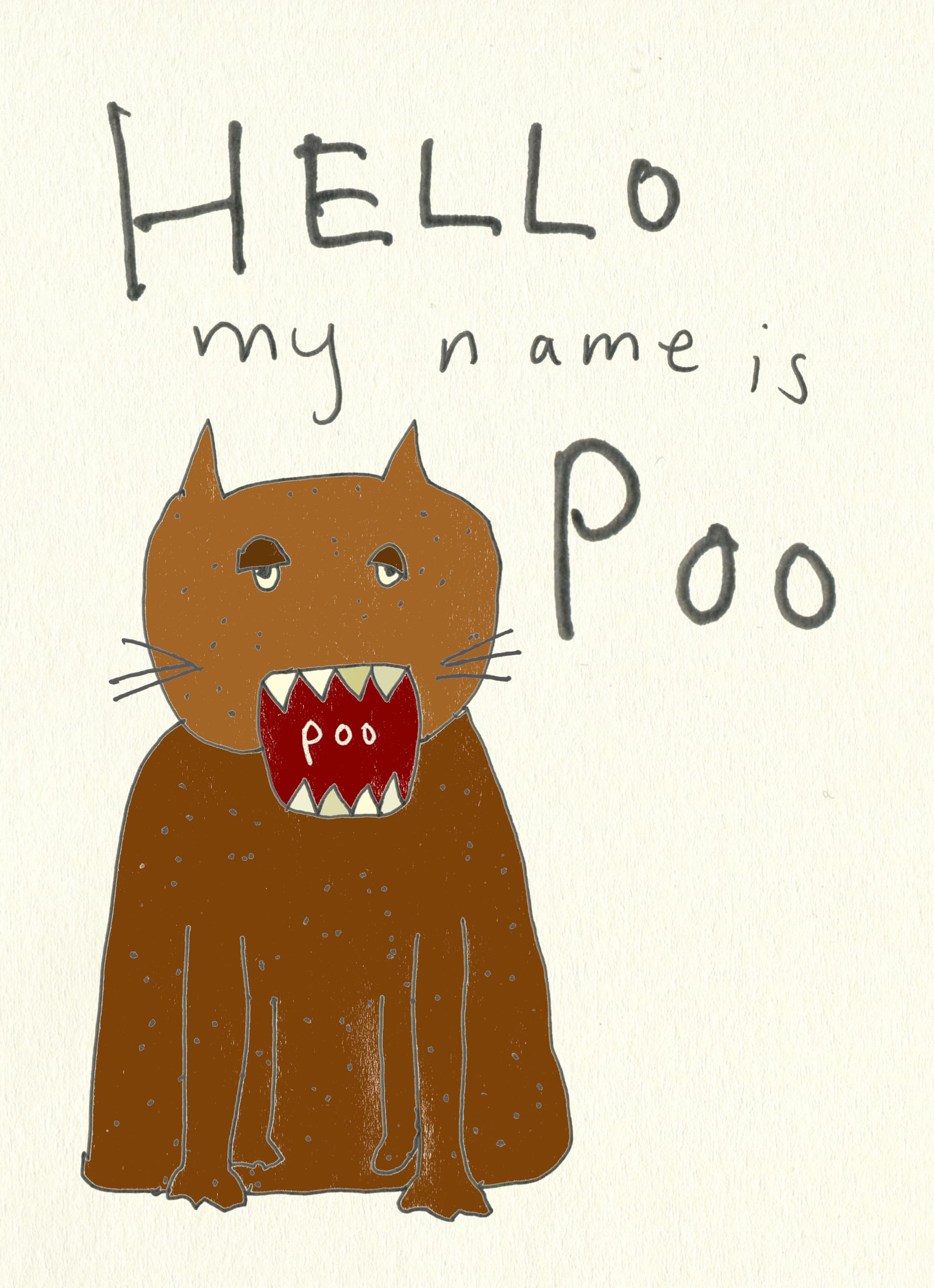 page from the zine. Bad drawing of a brown cat with a weird open mouth with sharp teeth like Doktor Fear's facemask