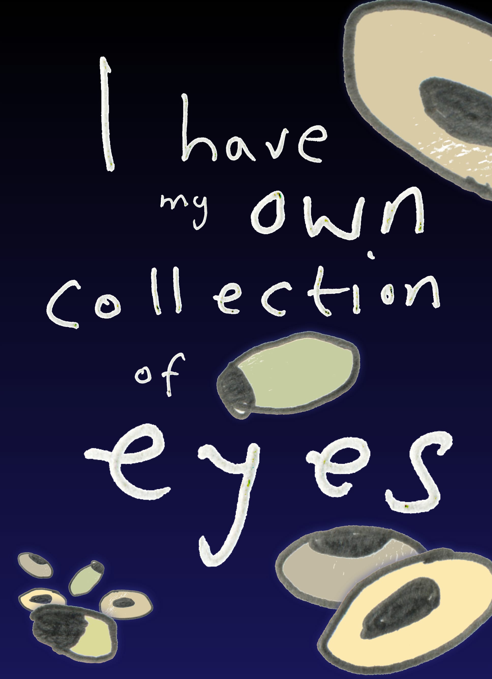 another page, this one says 'I have my own collection of eyes', with pictures of eyes