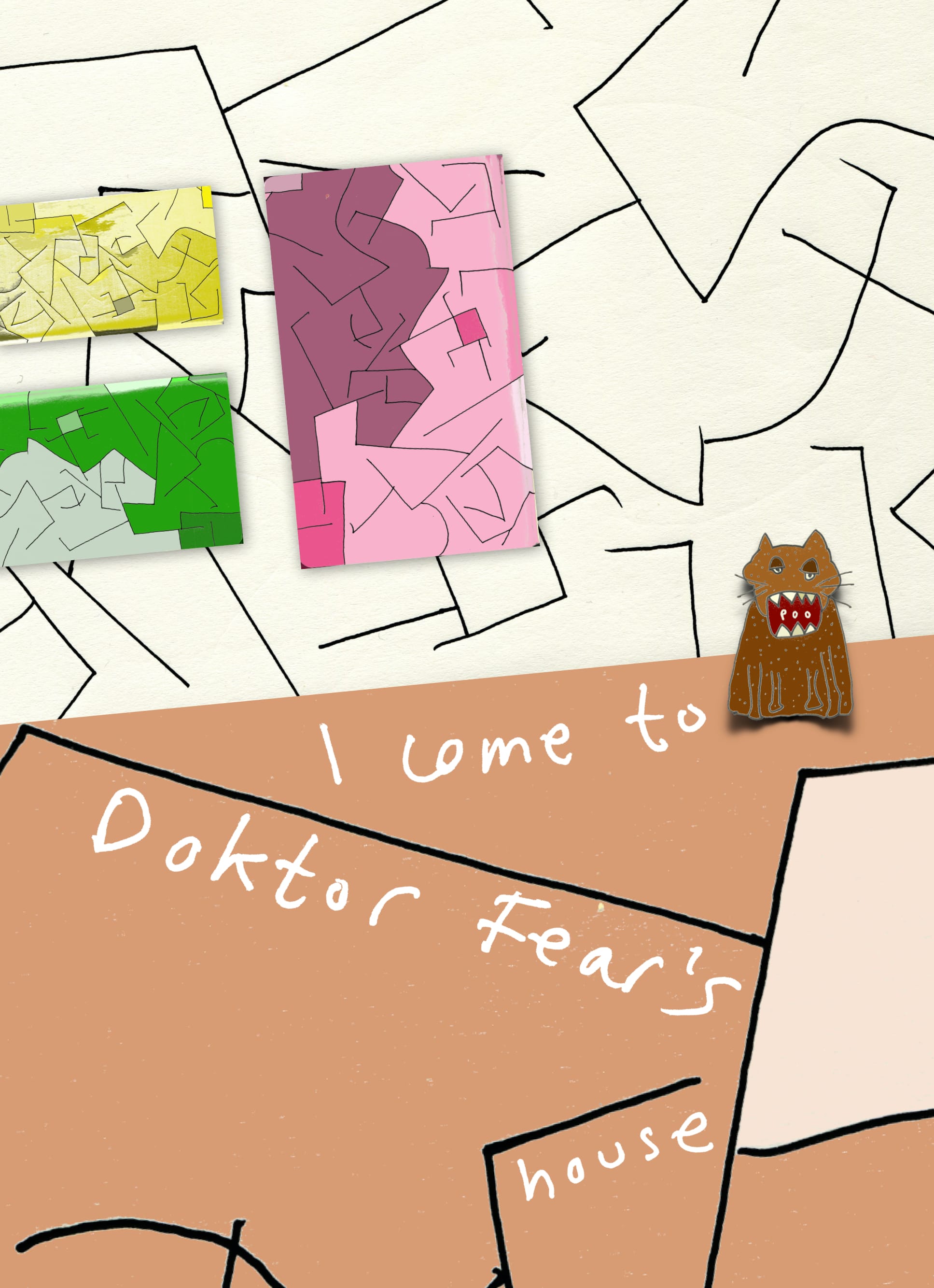 Poo sitting in Doktor Fear's house. There is abstract art on the wall in different colours and the walls and floor also appear to be made of abstract art