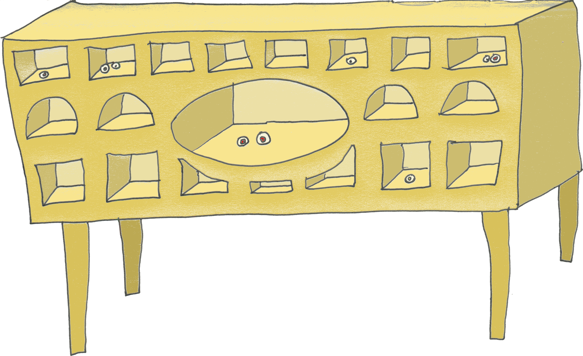drawing of an odd sideboard cabinet thing with many apertures, in some of which are kept eyes