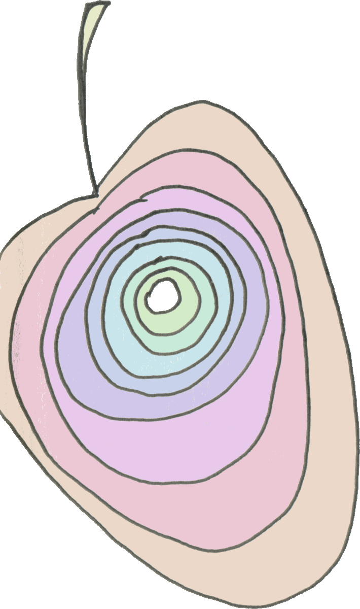 apple shape with a series of rings/bites getting progressively deeper and smaller until there is a hole in the middle. The slices are an ever-moving gradient of colours from pastel-lilac to pastel-green