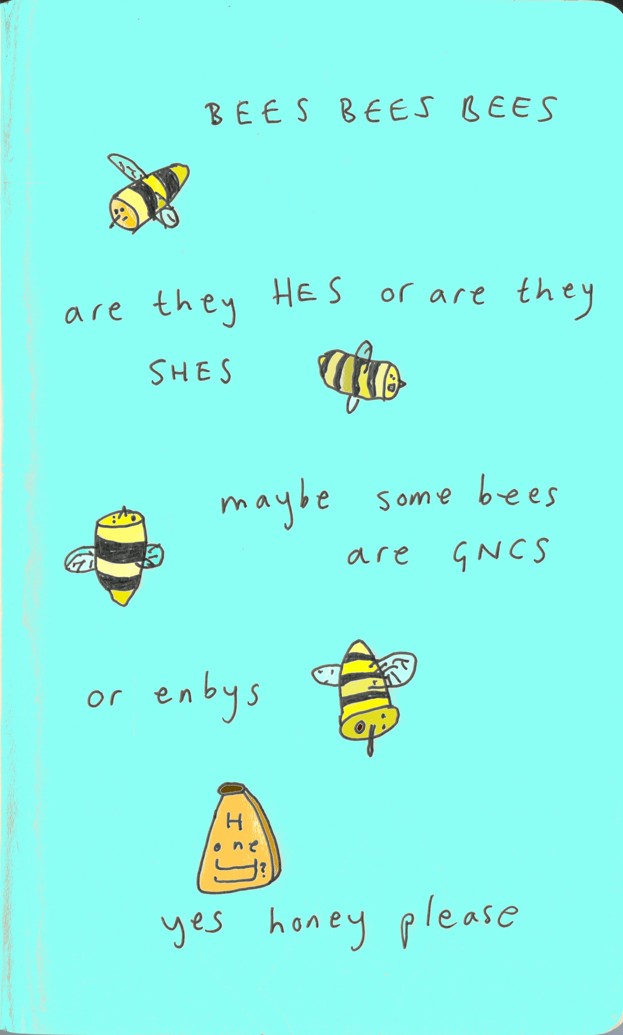 BEES BEES BEES are they HES or are they SHES maybe some bees are GNCS or enbys yes honey please