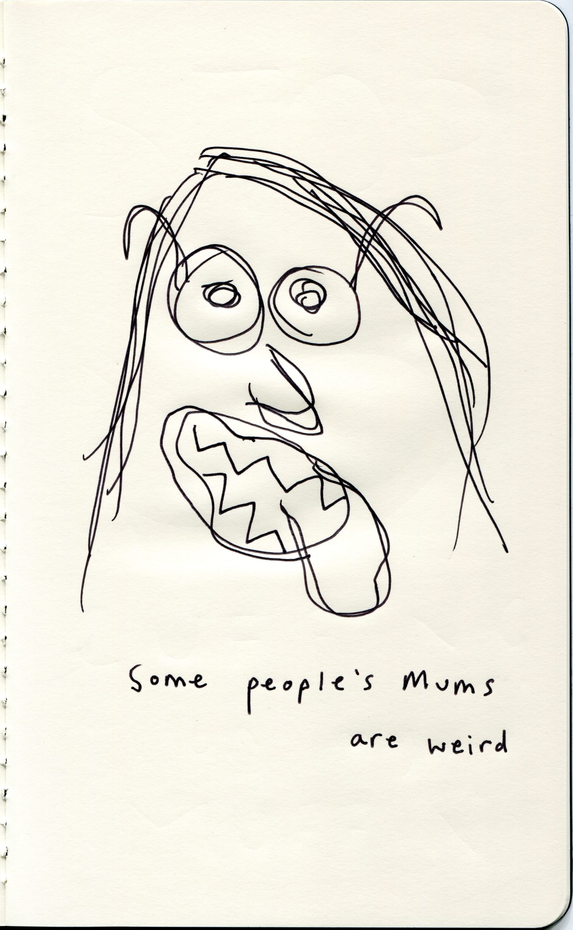 unhinged portrait of a mid-length haired person with large round glasses, a pointy nose and a wild mouth with tongue out