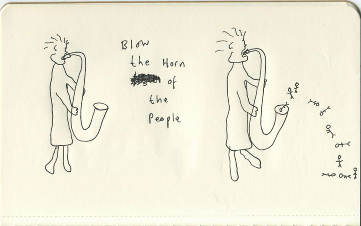 a person in a dress plays a large saxophone. Stickpersons fly out of it