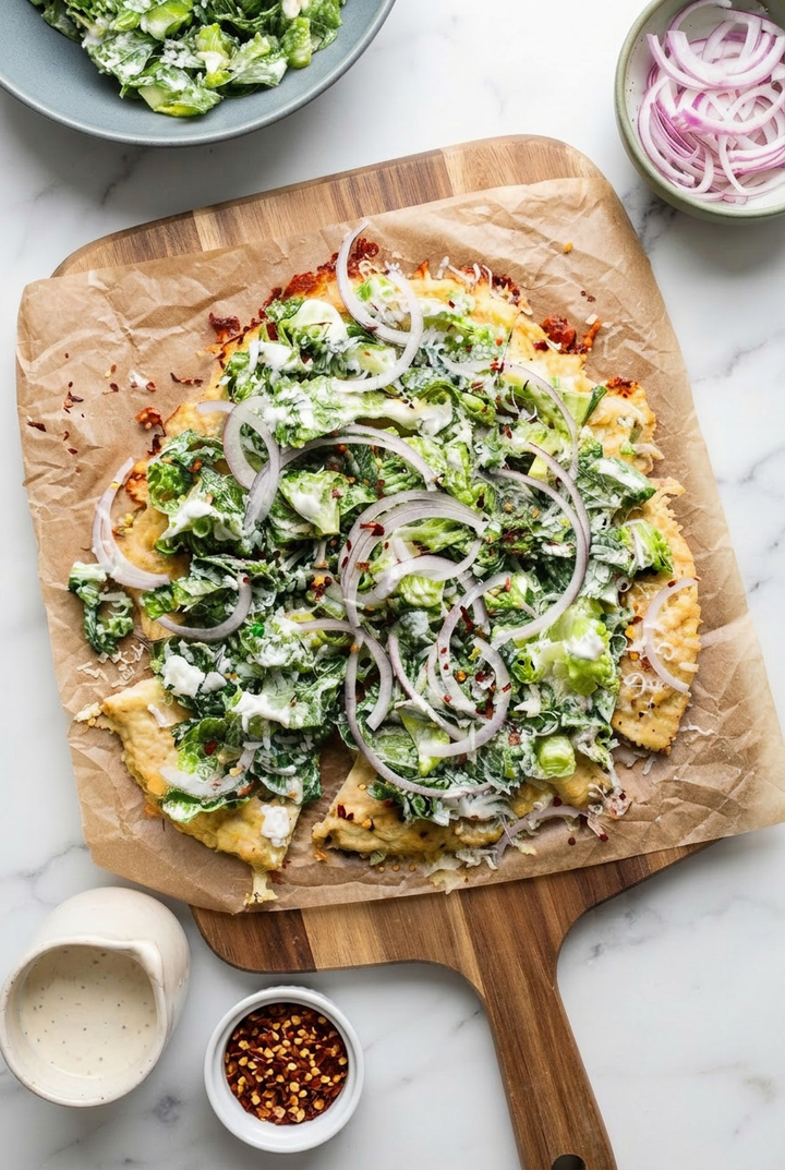 High-Protein Chicken Crust Caesar Salad Pizza