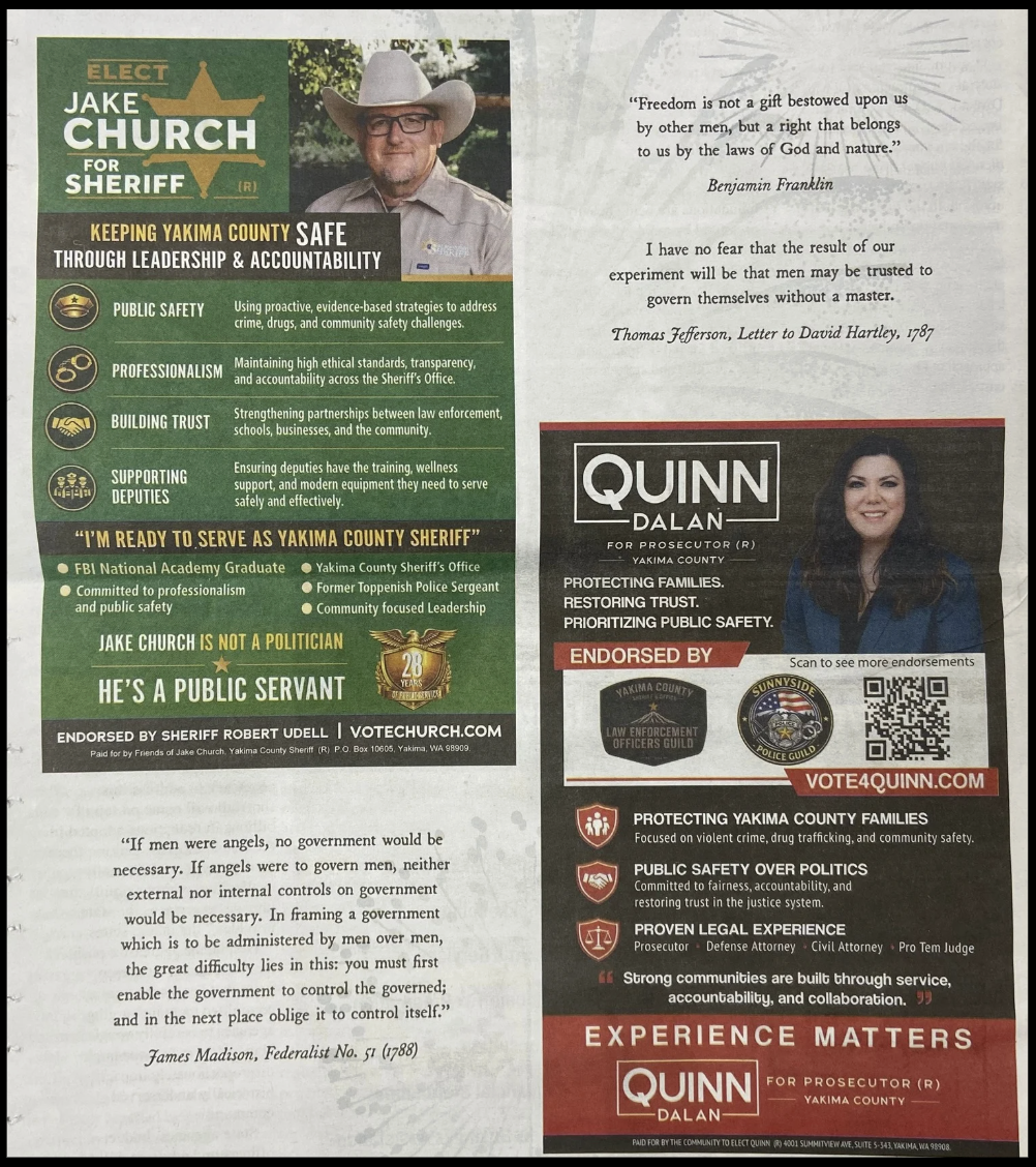 Joint advertising by Jake Church and Quinn Dalan in the Yakima Business Times