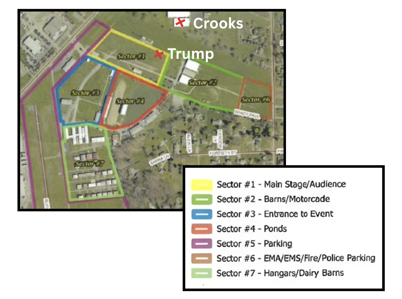 Sectored map of Law Enforcement advanced planning for Trump Rally on July 13th, 2024.