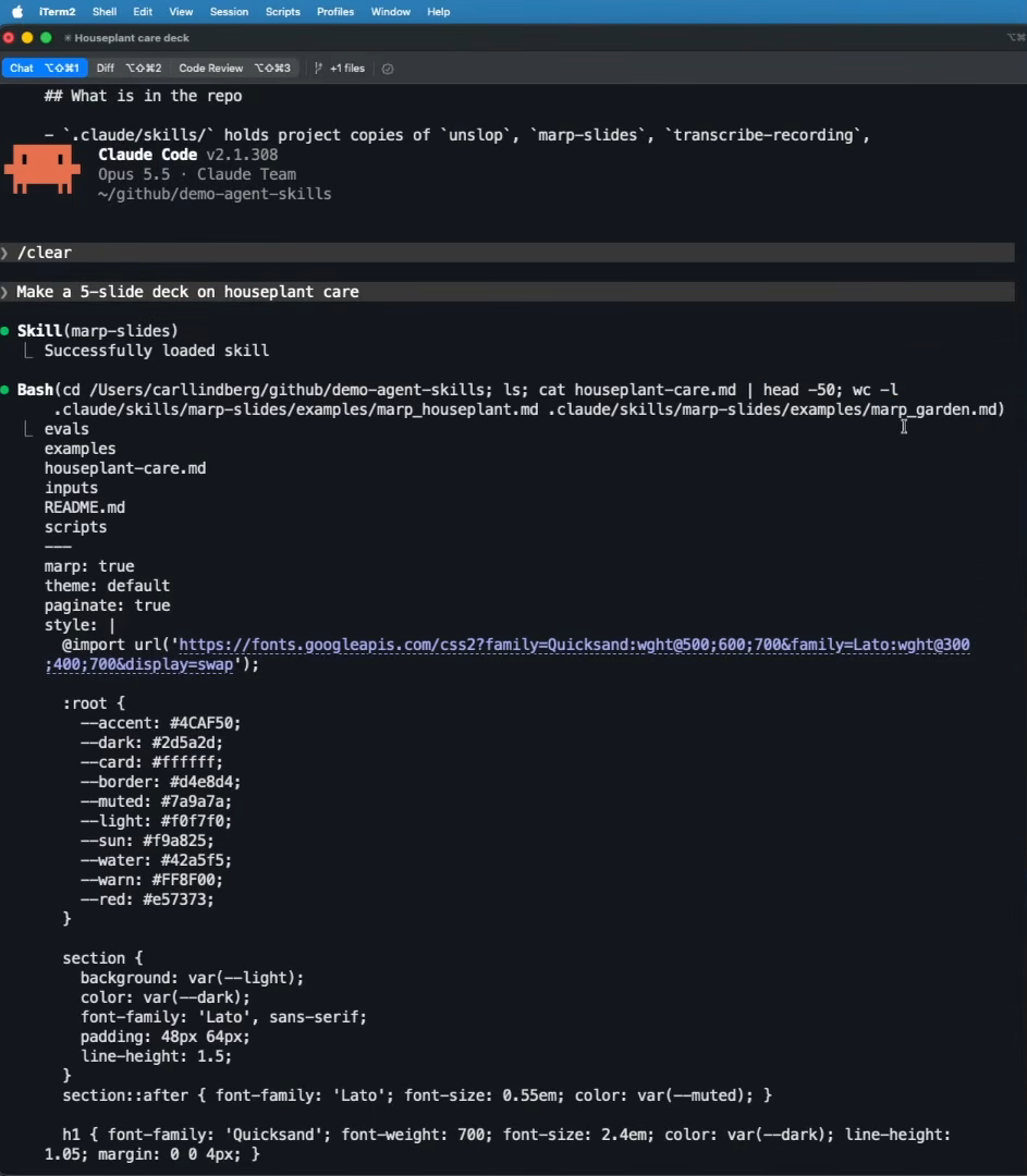 Claude Code running the marp-slides skill for a houseplant-care deck. The Skill tool reports "Successfully loaded skill", and the next Bash call reads houseplant-care.md through head -50 and counts lines in only two example files, marp_houseplant.md and marp_garden.md.