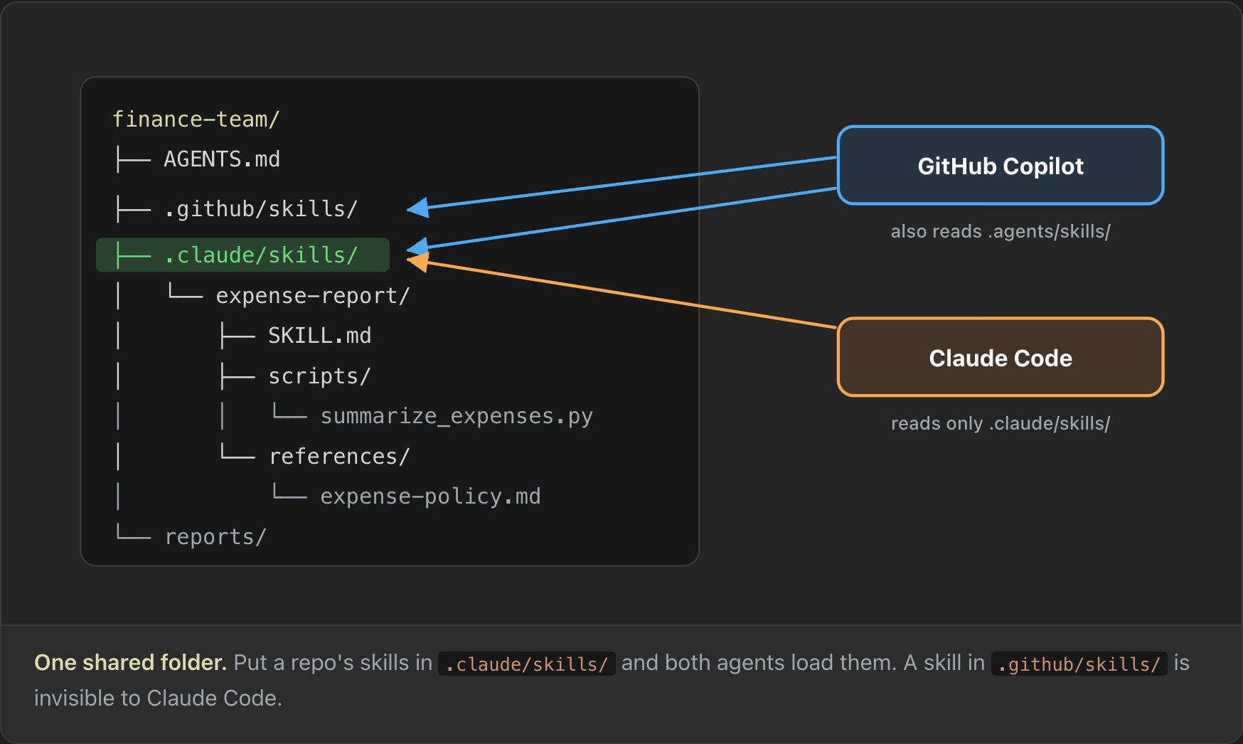 A repository tree for a finance team. GitHub Copilot points at both .github/skills/ and .claude/skills/ and also reads .agents/skills/. Claude Code points only at .claude/skills/, which holds expense-report with its SKILL.md, scripts and references. The shared .claude/skills/ folder is highlighted.