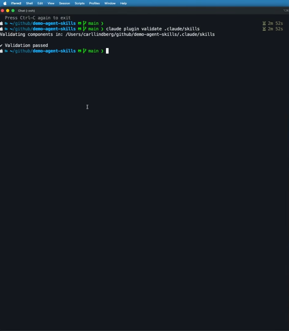 Terminal output of claude plugin validate .claude/skills, which reports "Validating components in" the project's .claude/skills folder followed by "Validation passed".