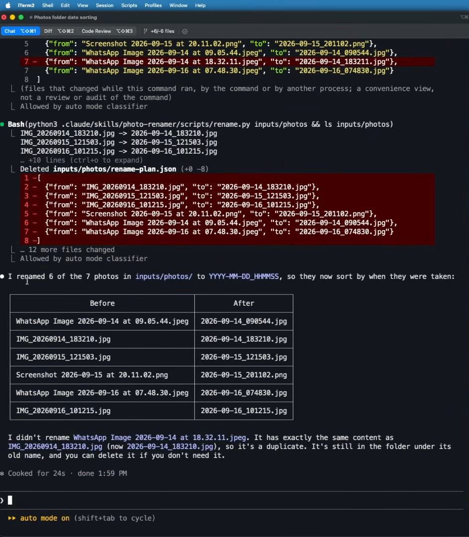Claude Code's report after the photo-renamer run. The rename script output and the deleted rename-plan.json are shown above a line reading "I renamed 6 of the 7 photos in inputs/photos/ to YYYY-MM-DD_HHMMSS", a Before and After table of six files, and a note that one WhatsApp image was not renamed because it is a duplicate.