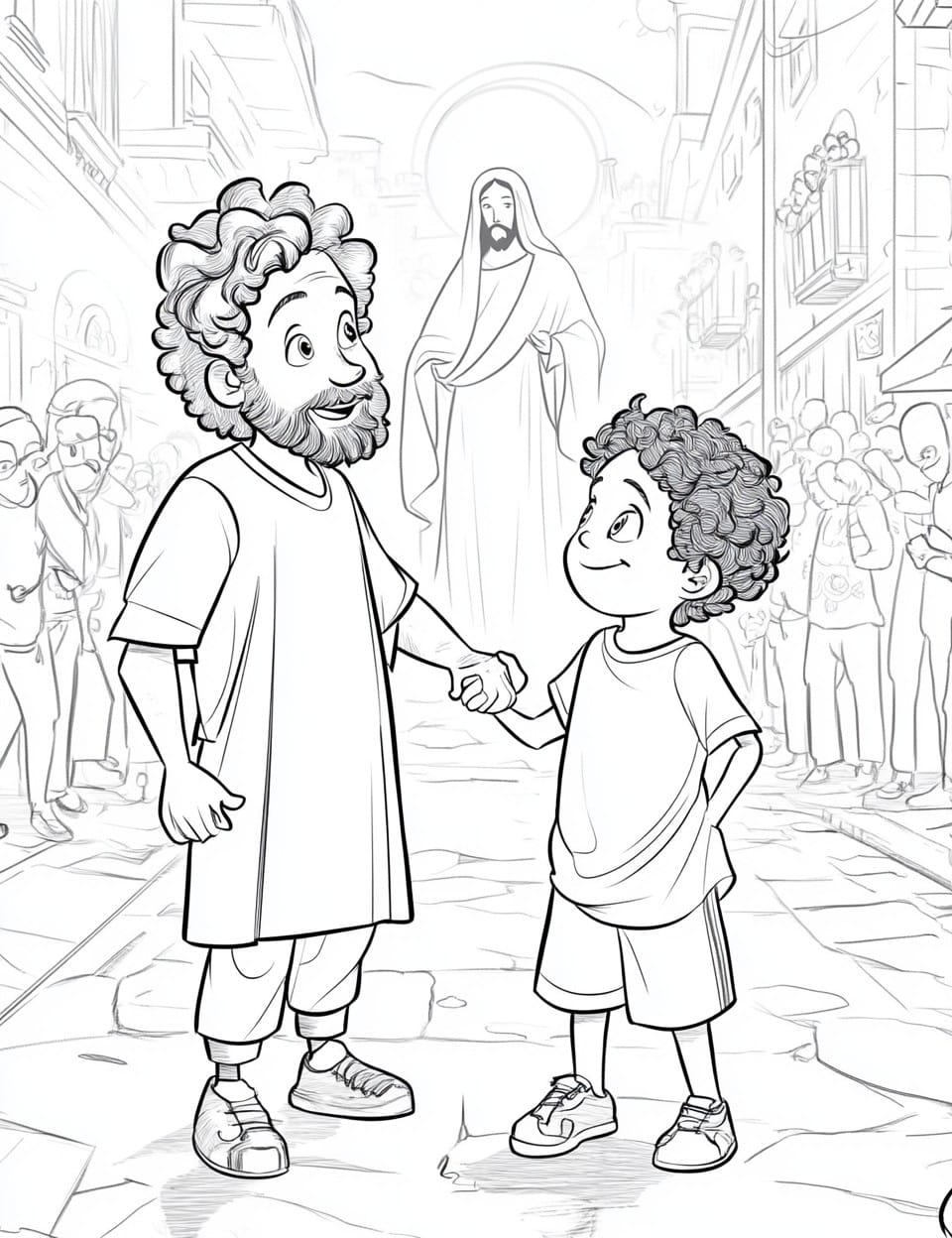 Coloring page: Pancratius and his father hand in hand, the Lord in the street behind them