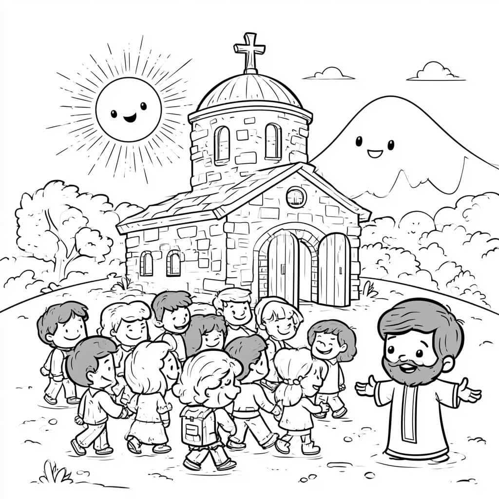 Coloring page: children and their priest before the new church on the hill