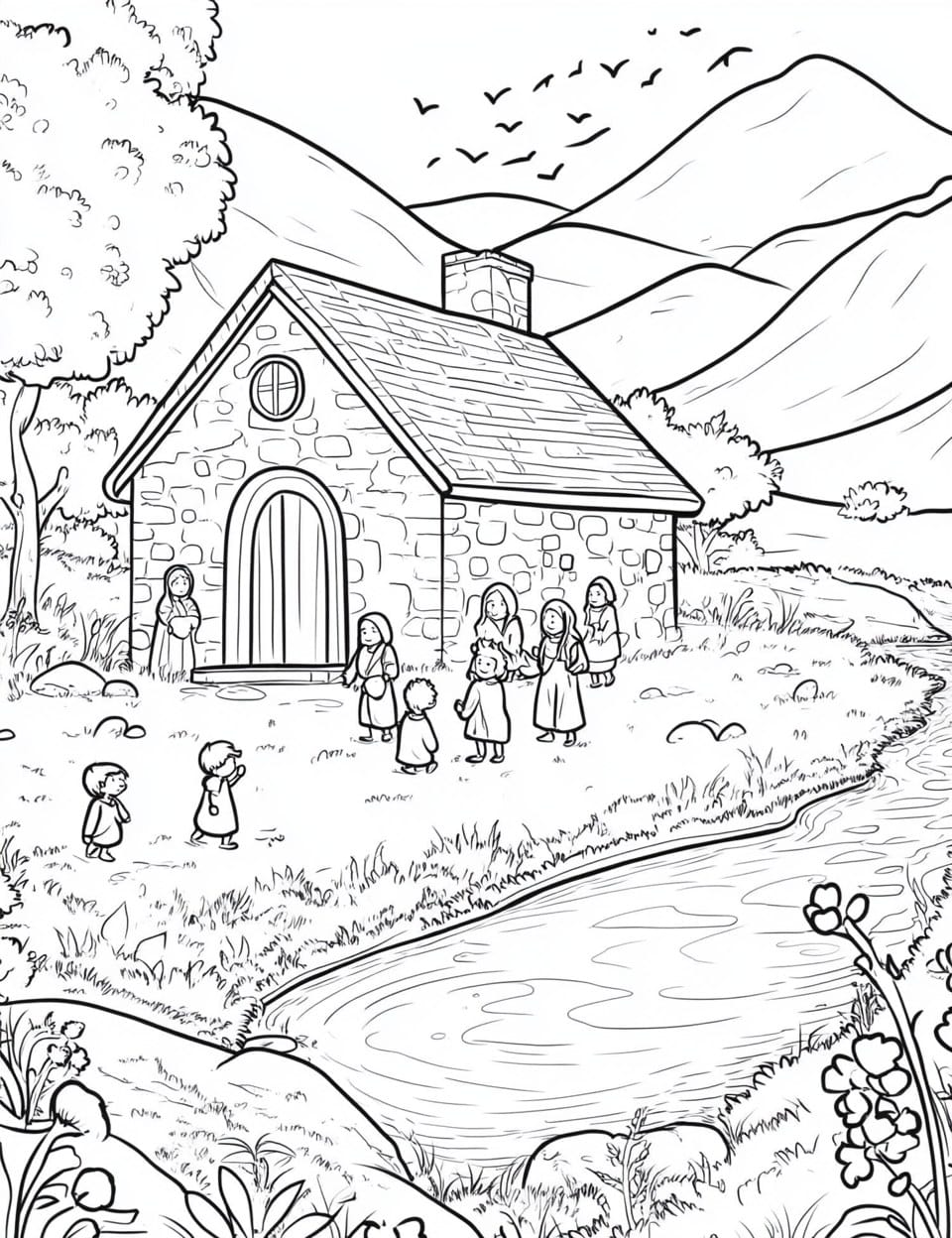 Coloring page: the house of prayer by the river