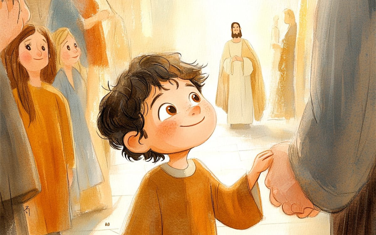 Young Pancratius holds his father's hand in the Jerusalem crowd, gazing back toward the Lord