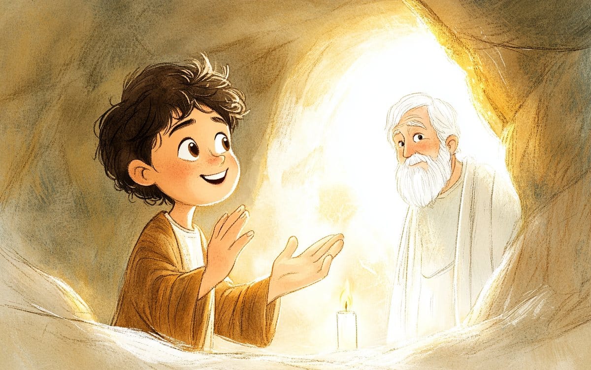 Young Pancratius prays by candlelight in his cave as the Apostle Peter appears in the glowing entrance