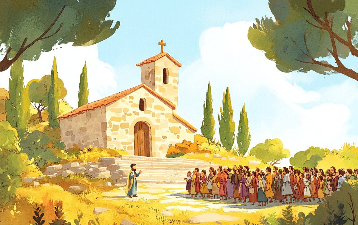 The newly built stone church on the sunny hilltop, with the whole town gathered before it