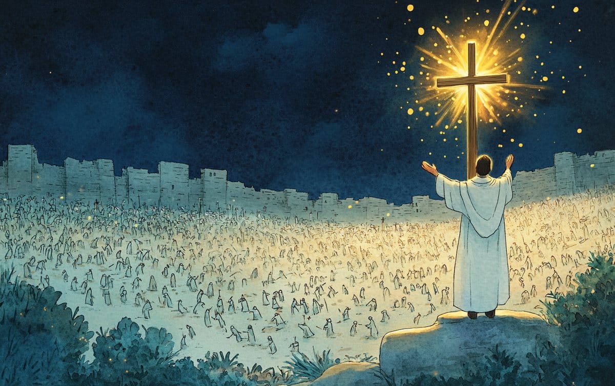 Bishop Pancratius, seen from behind, raises the blazing Cross — the only light — as sudden darkness covers the field and the great army scatters in confusion below the safe city walls