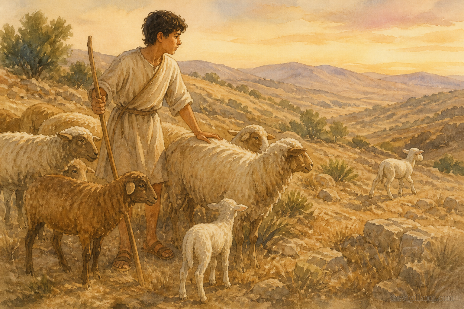 Young Symeon among his father's sheep on a hillside at golden hour