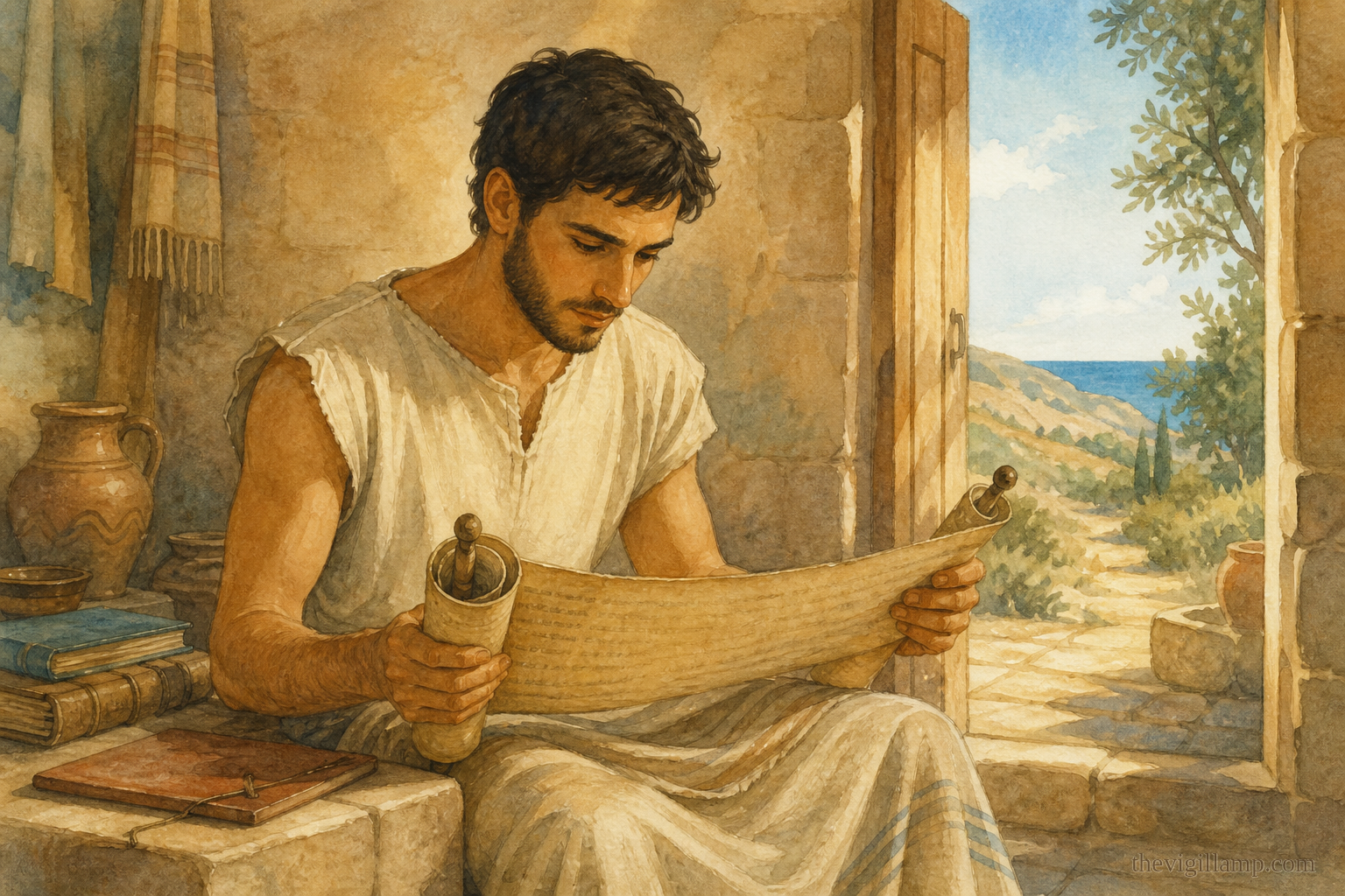 Young Titus on Crete reading the scroll of Isaiah, with Greek books set aside and the island hills beyond the open doorway.