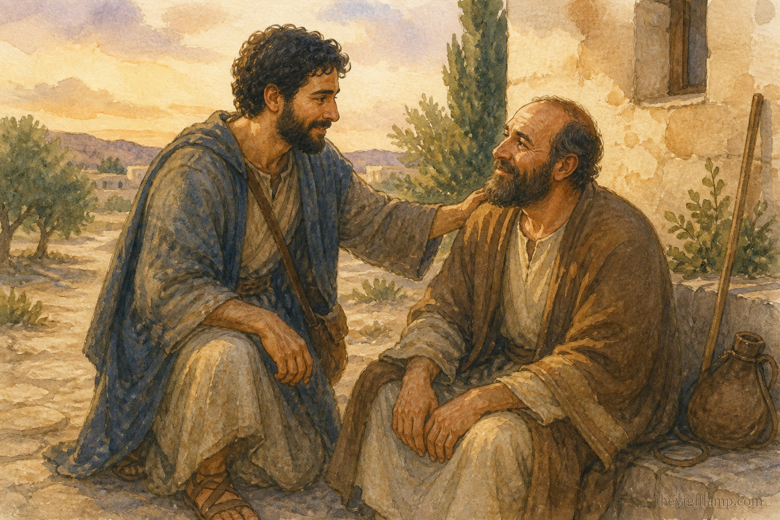 Titus arriving beside Paul after the road from Corinth, bringing the news that comforts him; no invented speech in the scene.