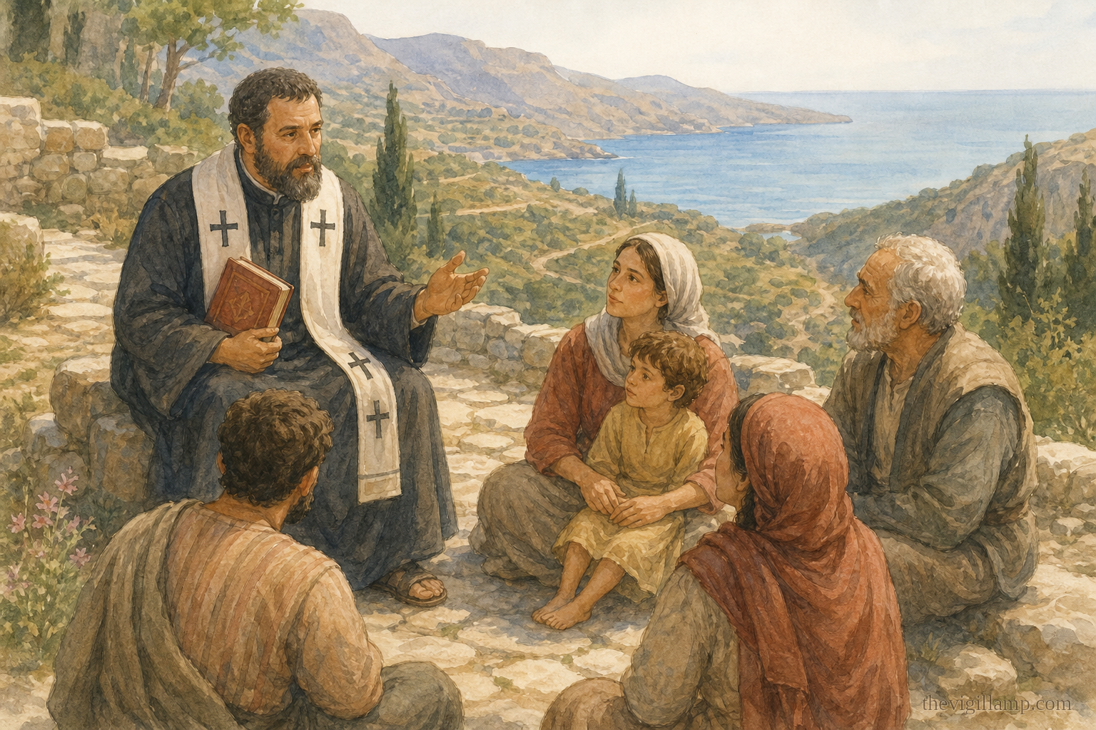 Bishop Titus teaching a small gathering of Christians on Crete, Gospel book in hand, with the sea and mountain roads in the distance.