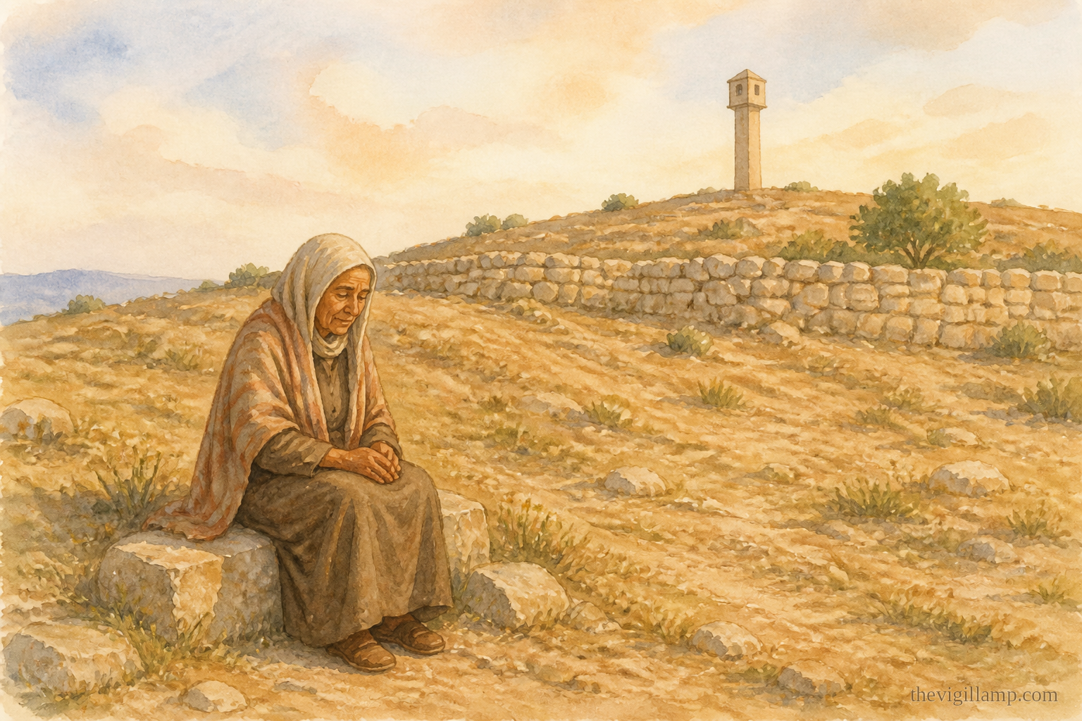 Martha waits in prayer at the foot of the hill, the pillar standing in the distance