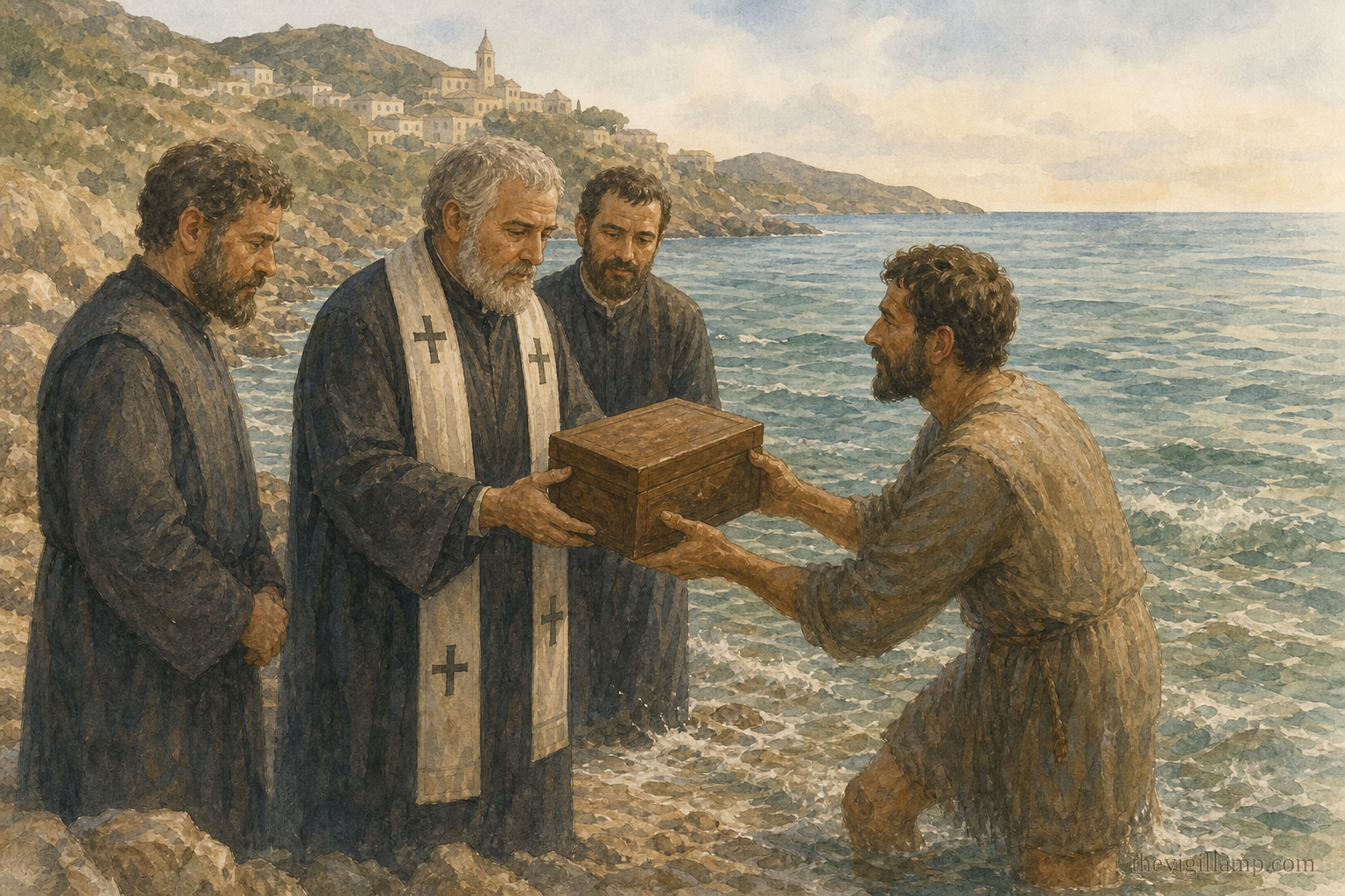 Bishop Agathon and the clergy of Lipari receiving Saint Bartholomew’s reliquary at the shore, the sea stretching behind them.
