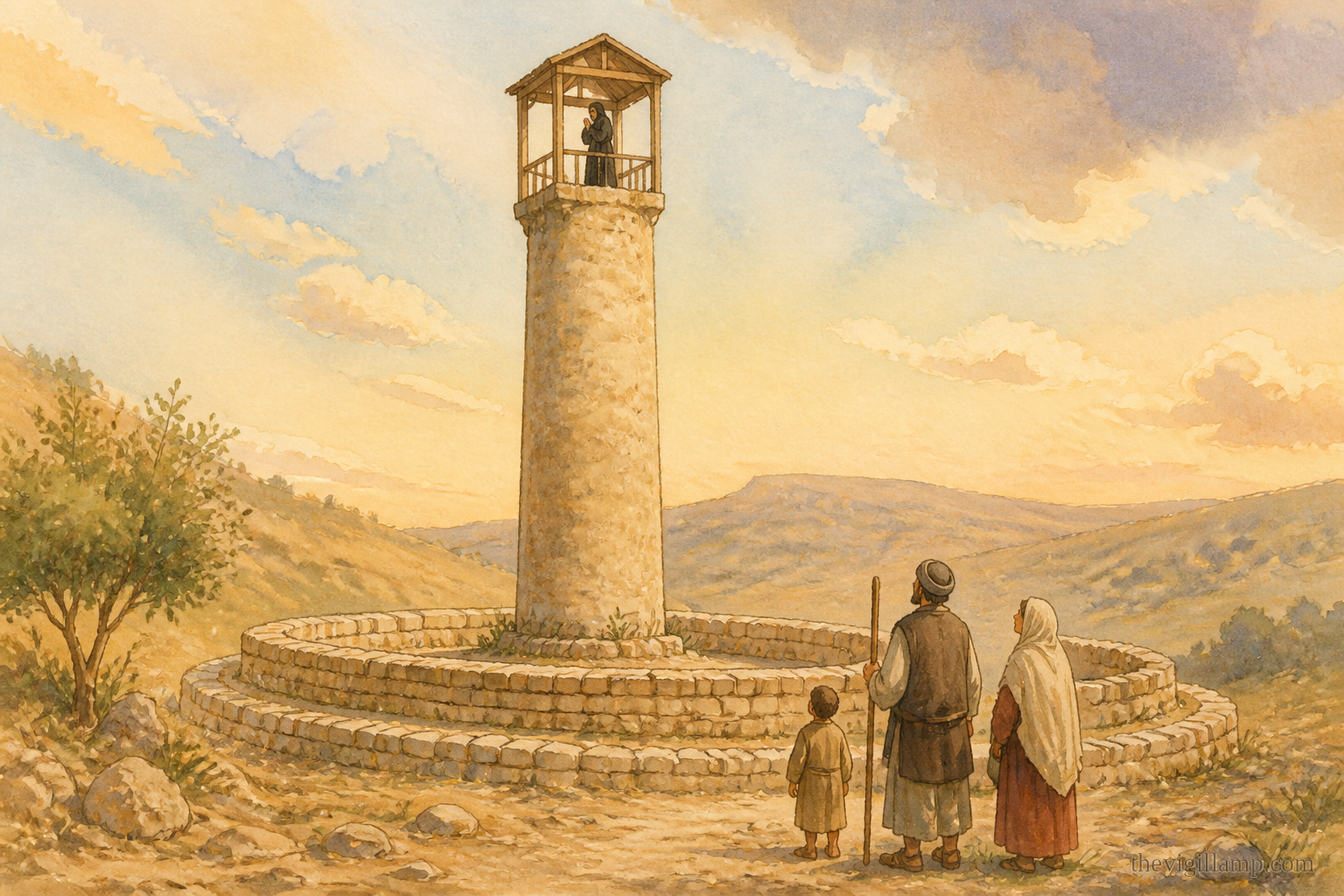A family looks up at Symeon's tall pillar in the hills