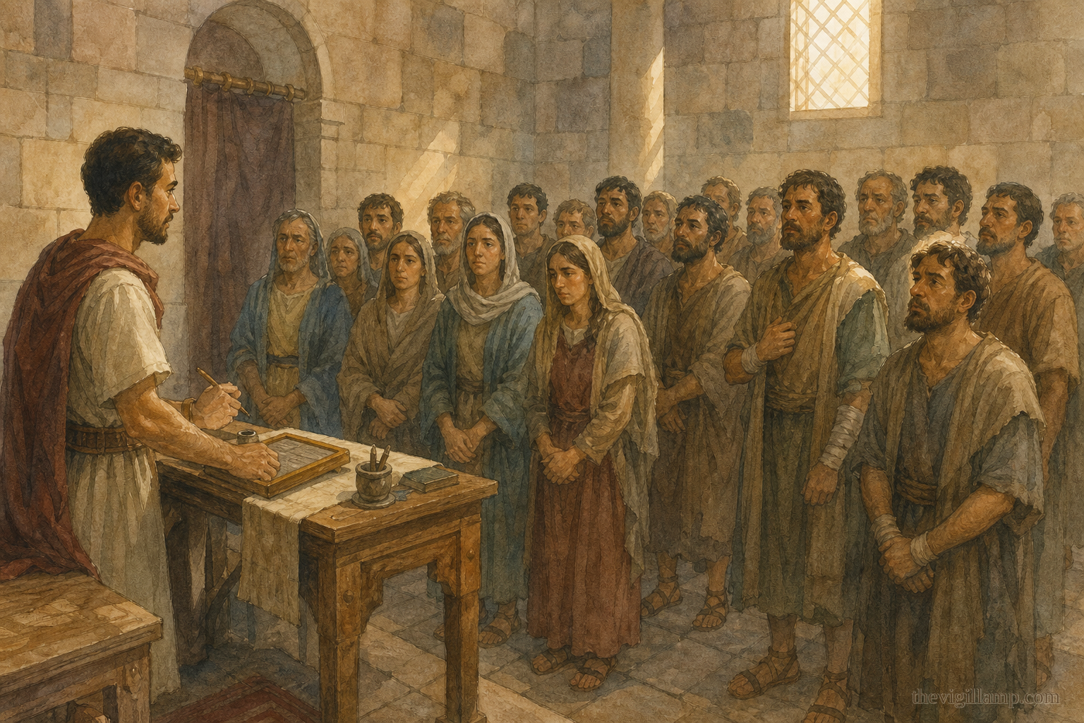 Adrian before the twenty-three Christian prisoners as their names are recorded, his face attentive while they stand together in quiet courage