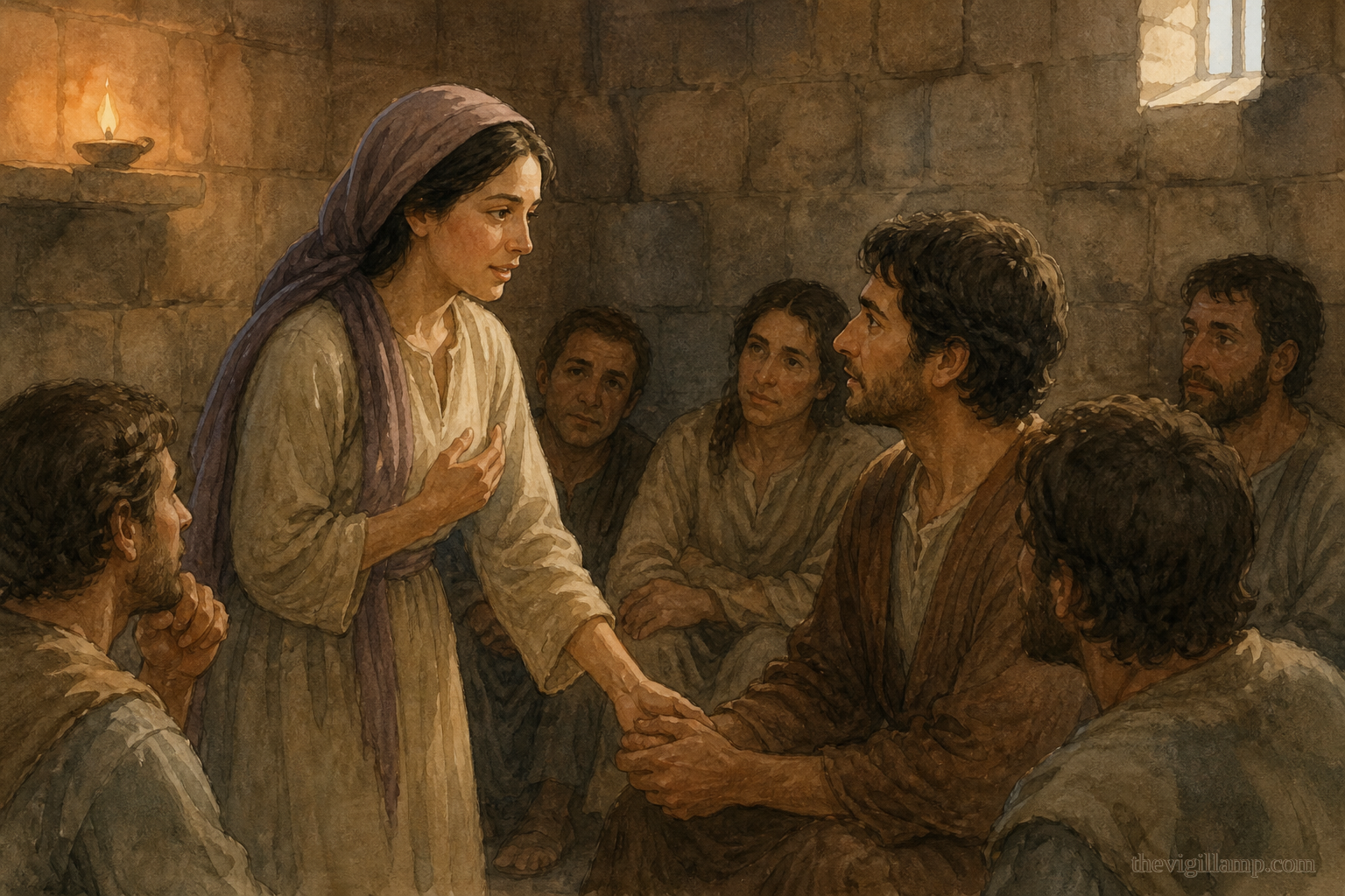 Natalia visiting Adrian and the twenty-three companions in prison, standing close enough to encourage them, with no torture shown