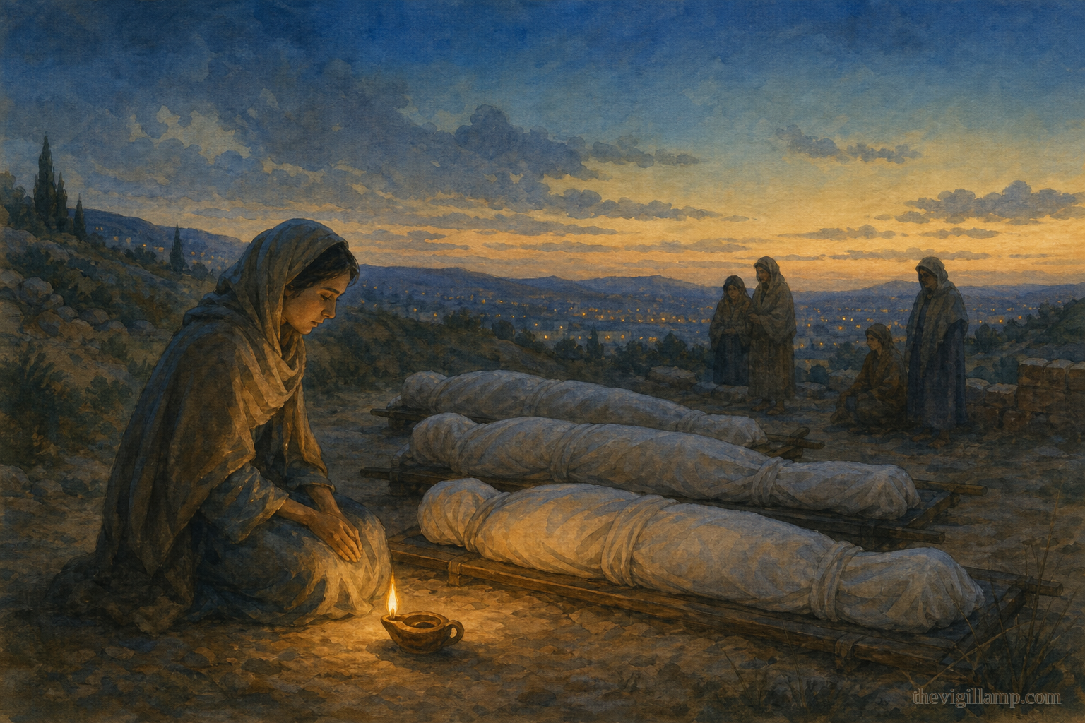 After the martyrdom, Natalia keeping watch near the bodies of Adrian and his companions beneath a darkening sky; no wounds or instruments shown
