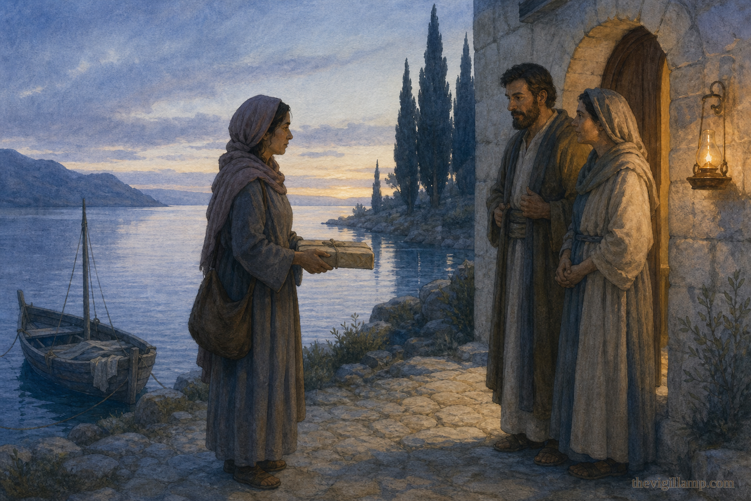 Natalia arriving at the shrine at Argyropolis before dawn, carrying Adrian's wrapped hand-relic as Christians receive her beside the water