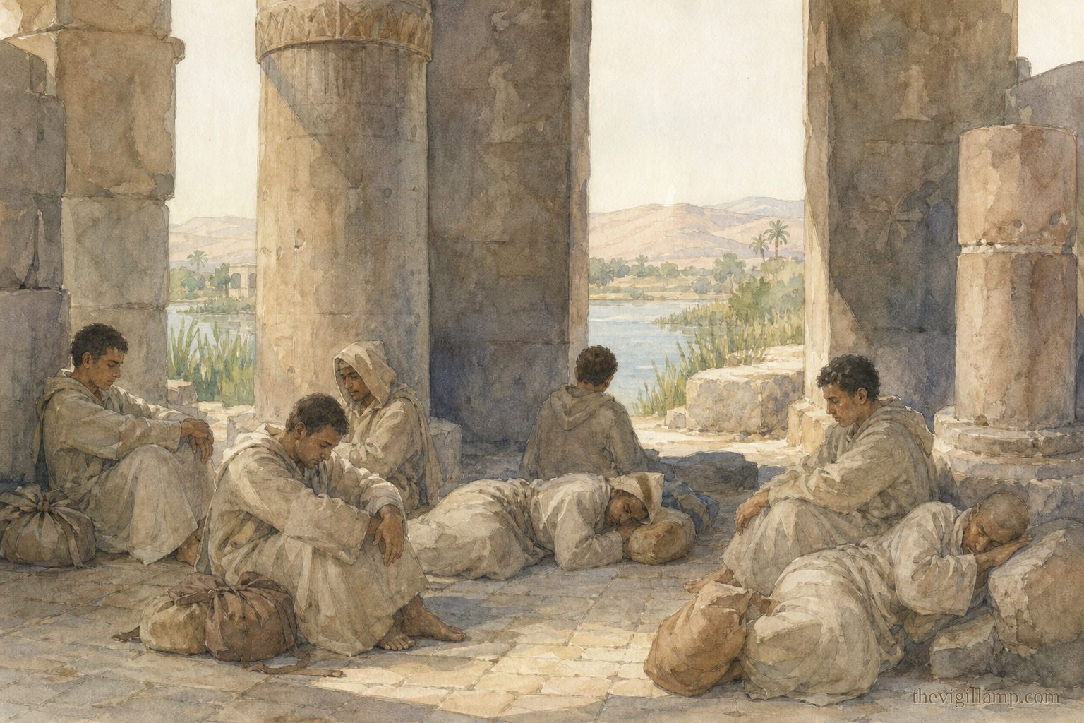 The seven brothers resting together in the abandoned temple at Terenuthis after fleeing Scetis, travel bundles near them and the Nile country beyond the doorway