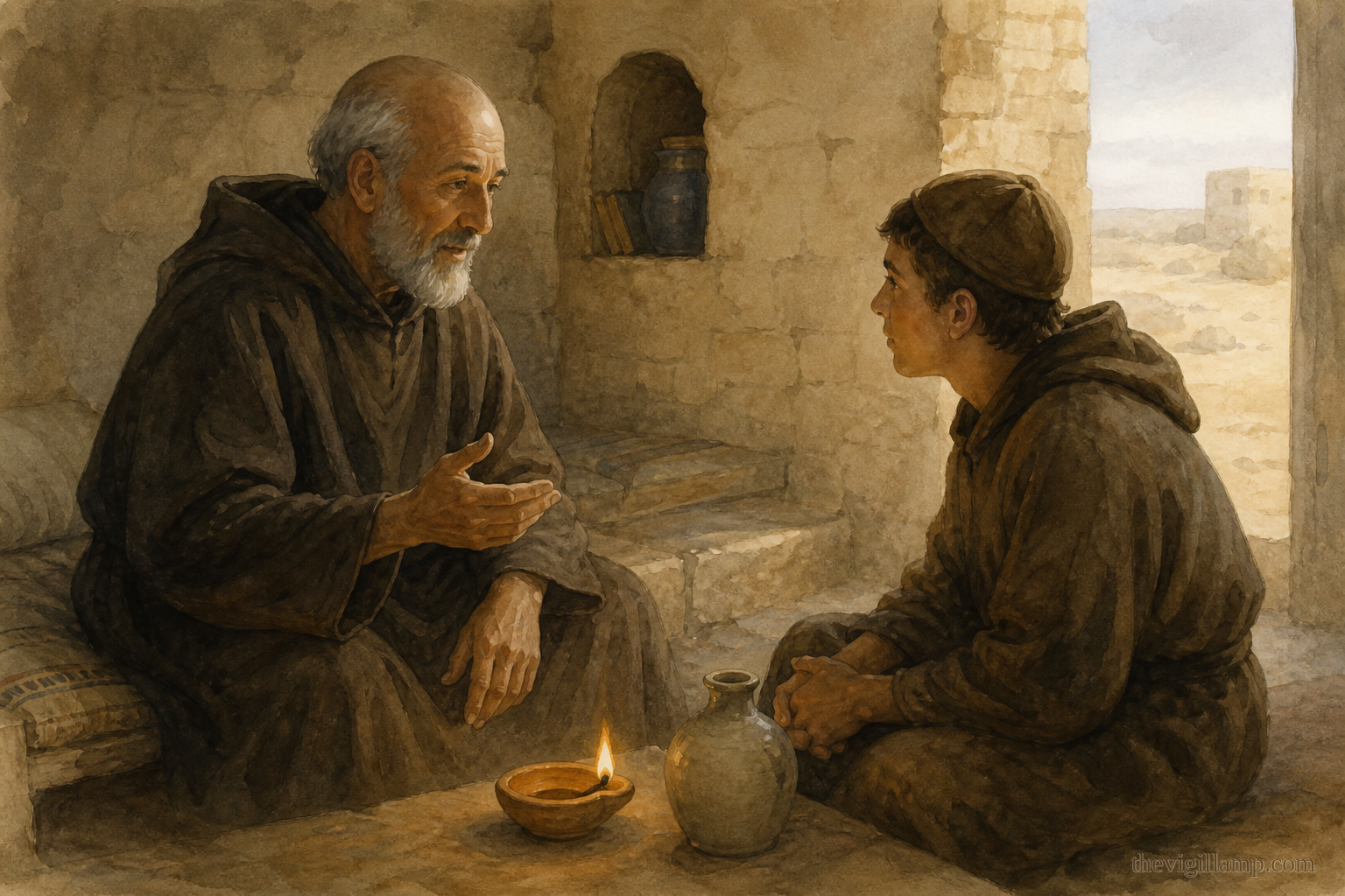 Abba Pimen teaching a younger monk with a small flame safely contained on one side and a water jar on the other, making the traditional image of prayer extinguishing evil thoughts visible