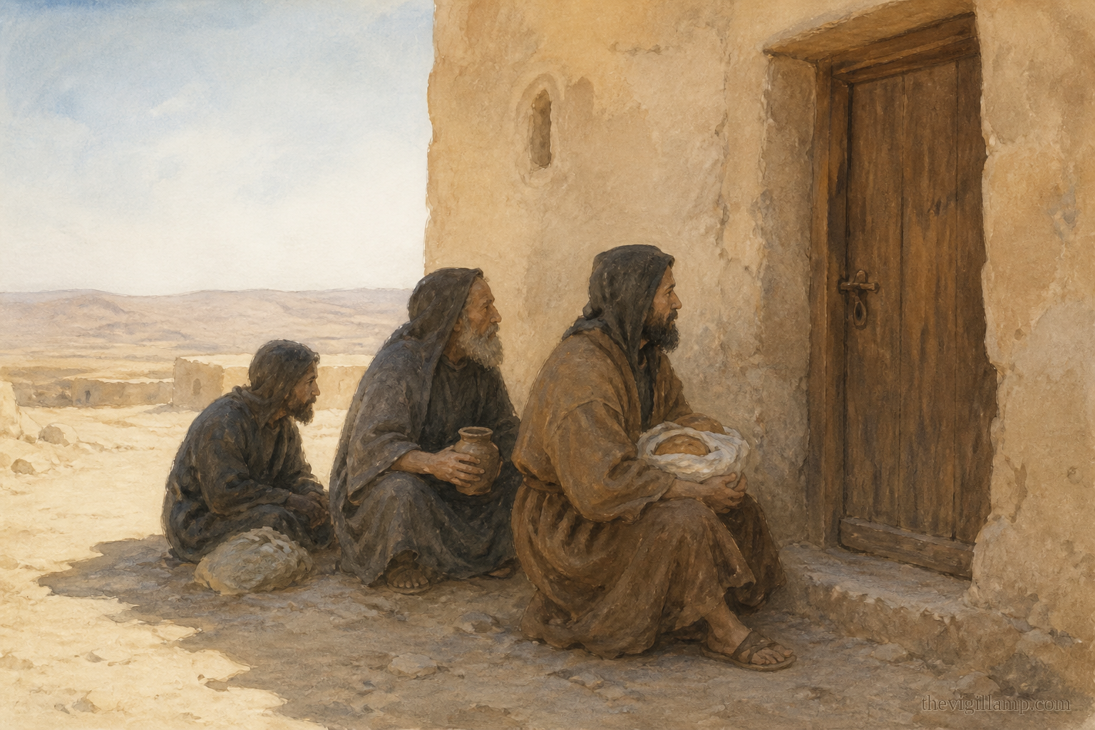 Pimen and his brethren waiting humbly in the heat outside the elder's closed cell, holding their simple food-gift without anger or demand