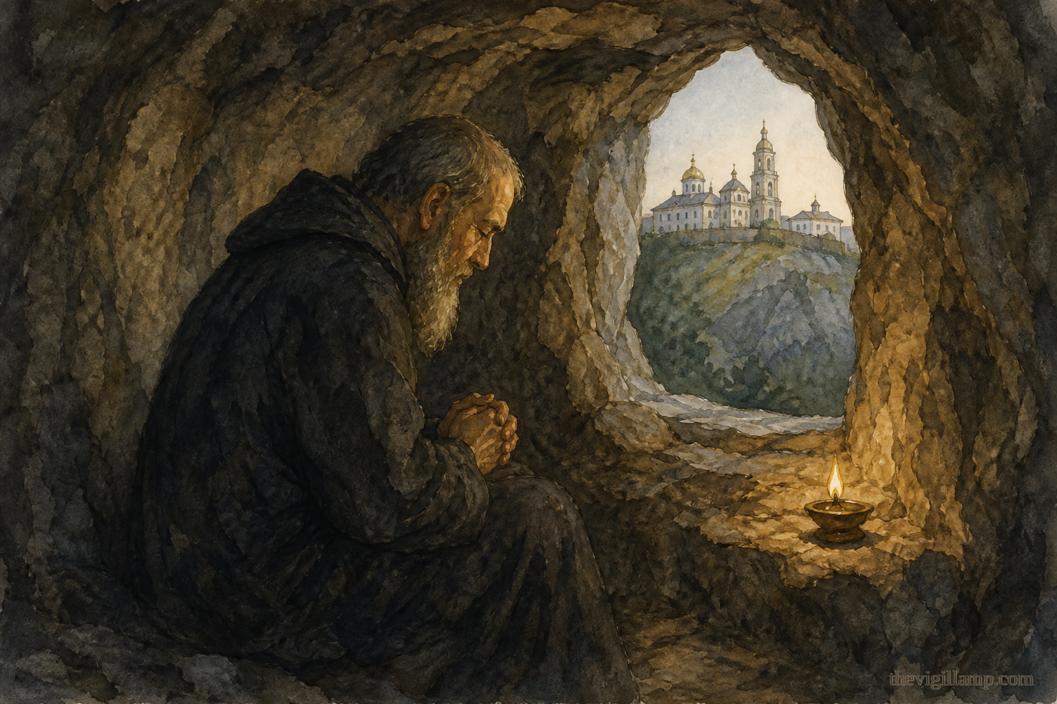Abbot Job enclosed in the narrow rock cave on Pochaev hill, a small lamp near him, the monastery above; no invented speech, no vision painted as spectacle