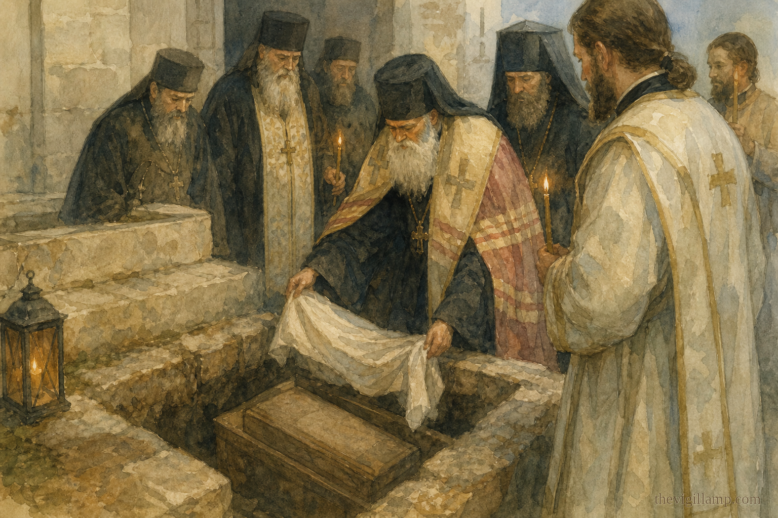 Metropolitan Dionysios and the clergy at Pochaev uncovering Saint Job's relics in 1659; quiet reverence around the opened grave, no wounds or spectacle shown