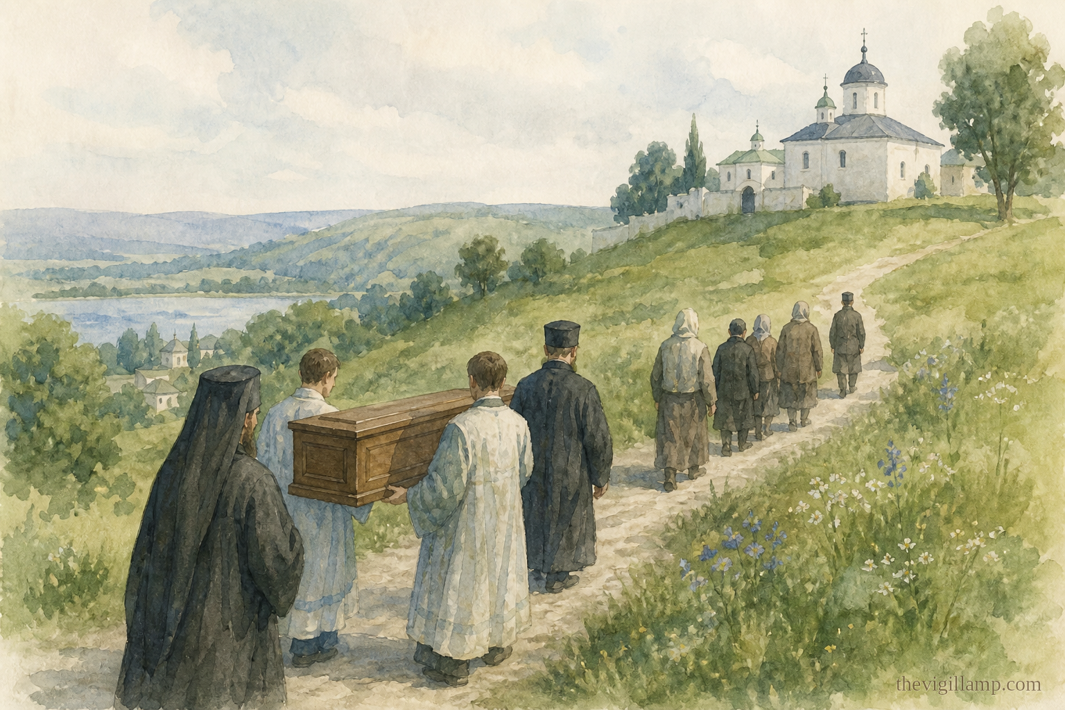 The relics of Saint Job carried into the Cathedral of the Life-giving Trinity, clergy and people accompanying them; the hill and monastery quiet in the distance