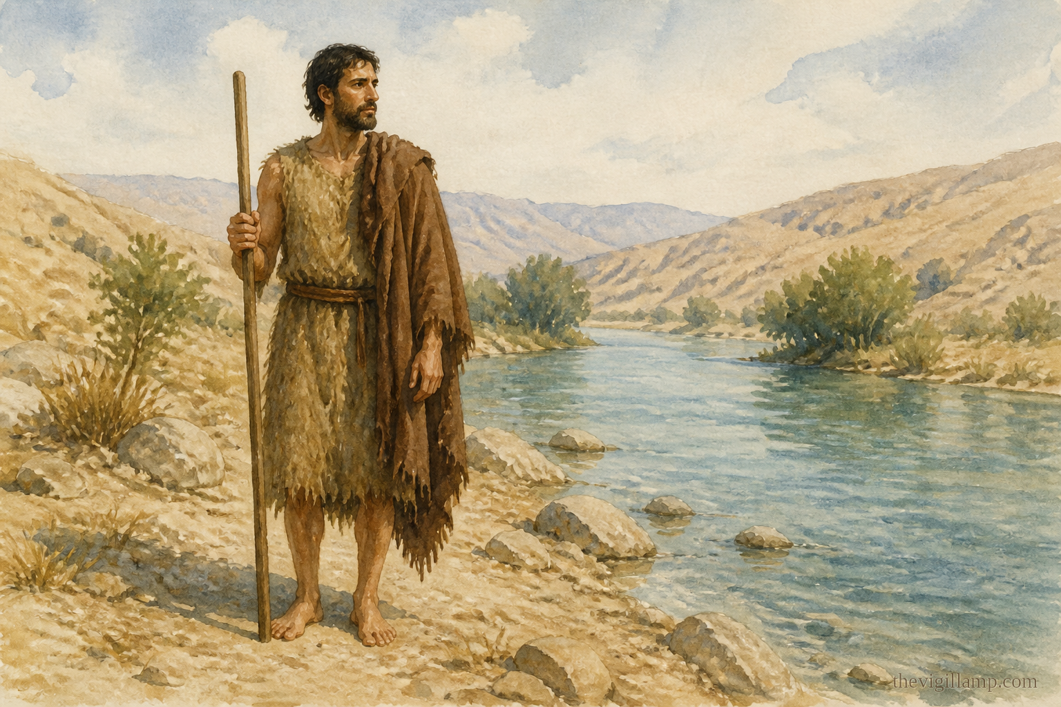 John the Forerunner standing in the wilderness by the Jordan, camel-hair garment and rough mantle, the river and bare hills behind him; no invented speech in the scene