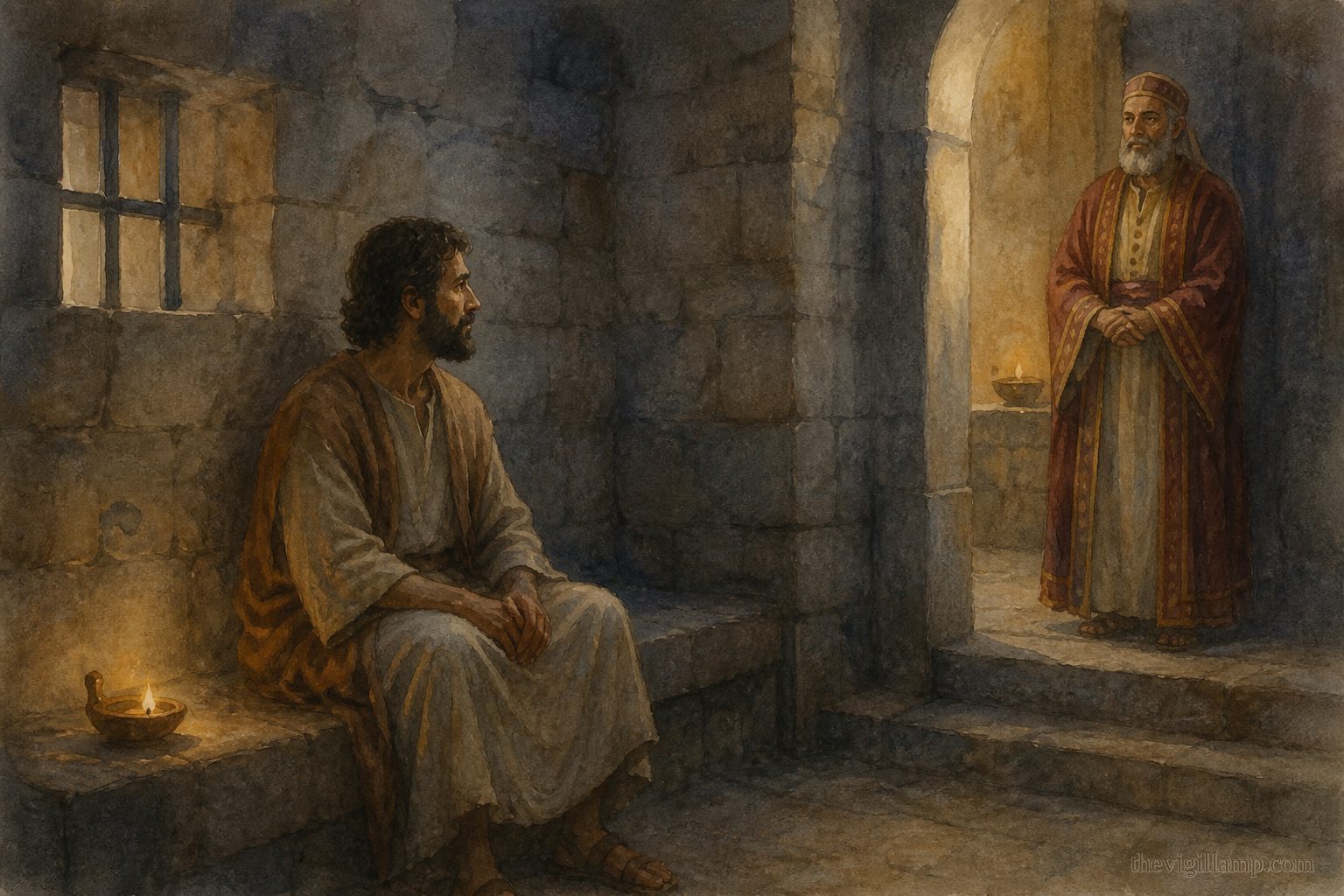 John in the prison speaking quietly while Herod listens at a distance, no chains as spectacle, no invented speech shown