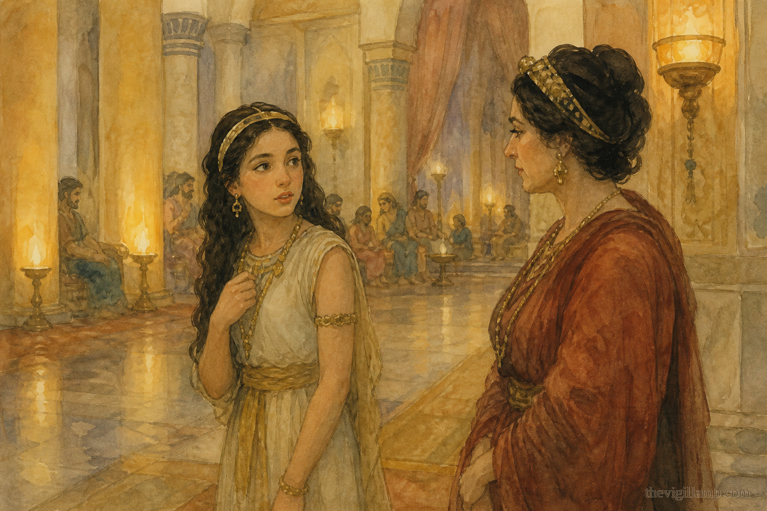The birthday hall after the dance: Salome turning toward Herodias to ask what she should request, guests and lamps in the distance; no platter, no violence, no invented speech