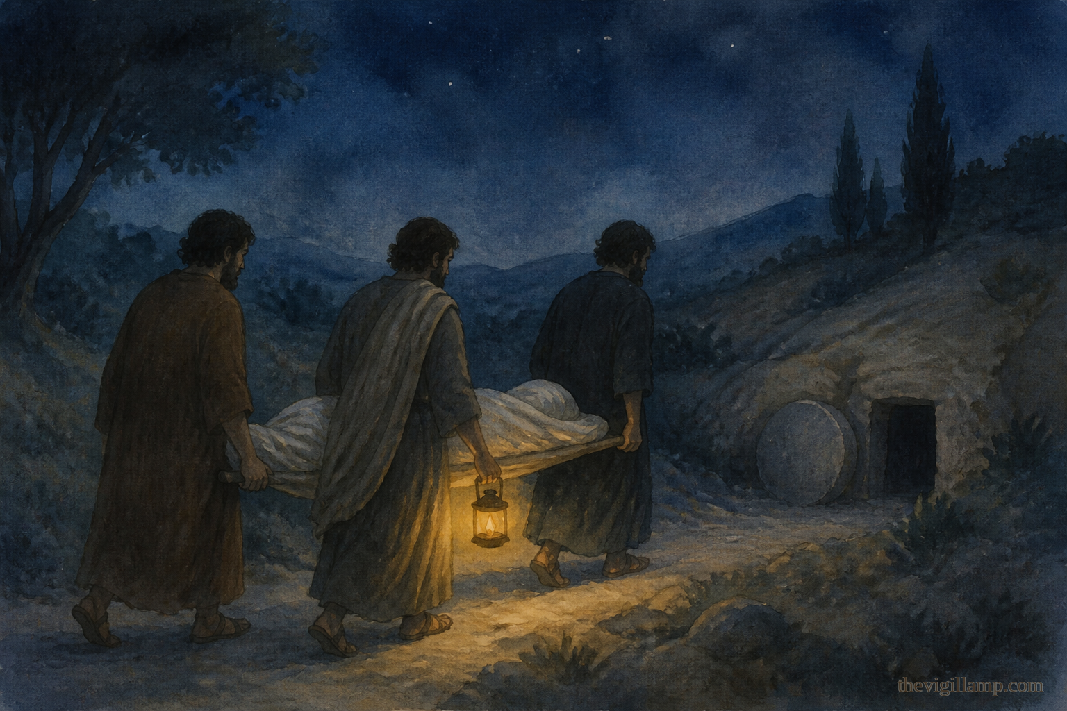 John's disciples carrying his wrapped body by night toward burial at Sebastia, a small lamp among them, the hills quiet; no wounds shown