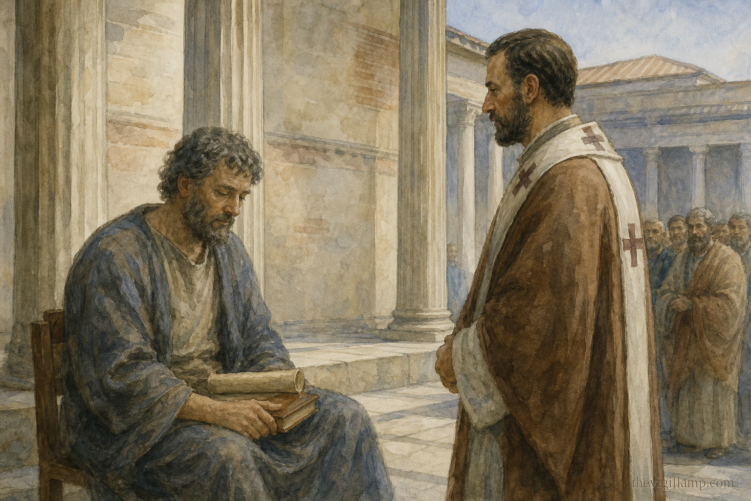 The pagan philosopher falling silent at the Name of Christ; Alexander standing still before him; no extra action invented