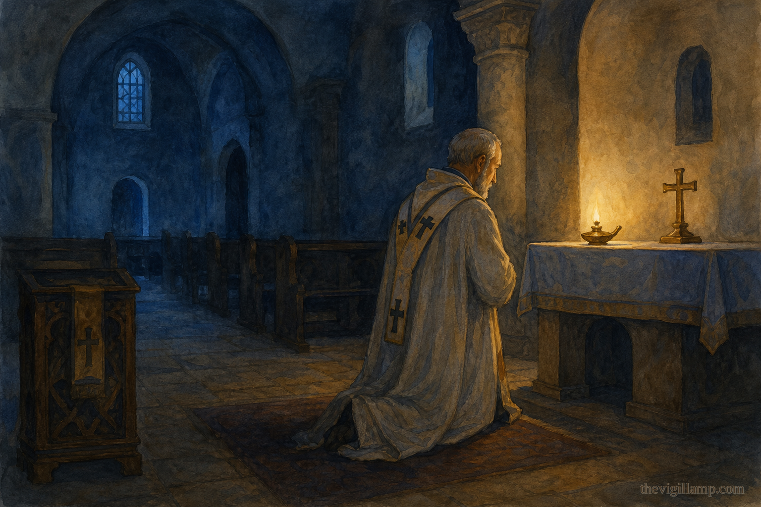 Alexander keeping watch in prayer through the night, the church quiet around him; no invented speech