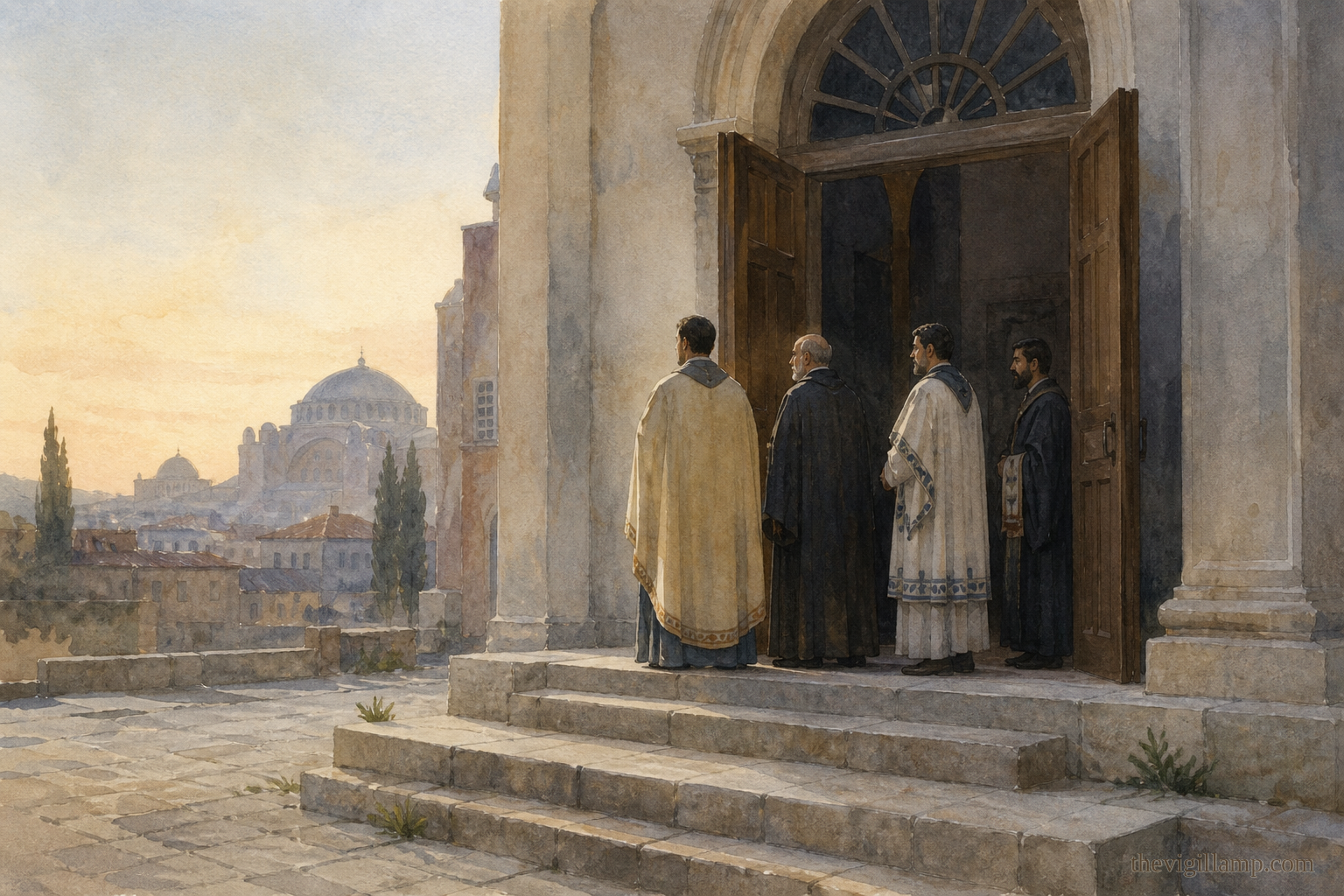 Morning at the church door: the day set for communion, and Arius does not come; no violence shown